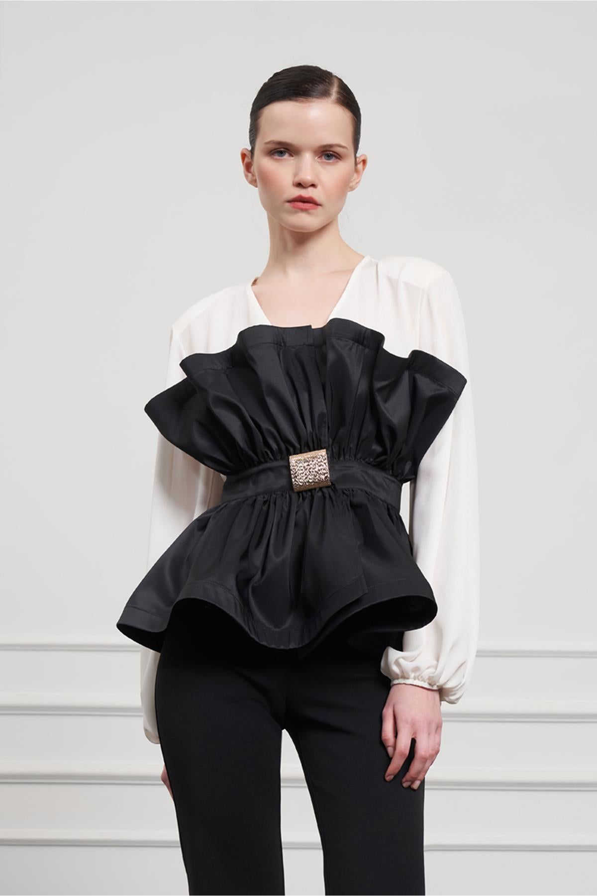 Front Fan-Look Buckle Detailed Blouse