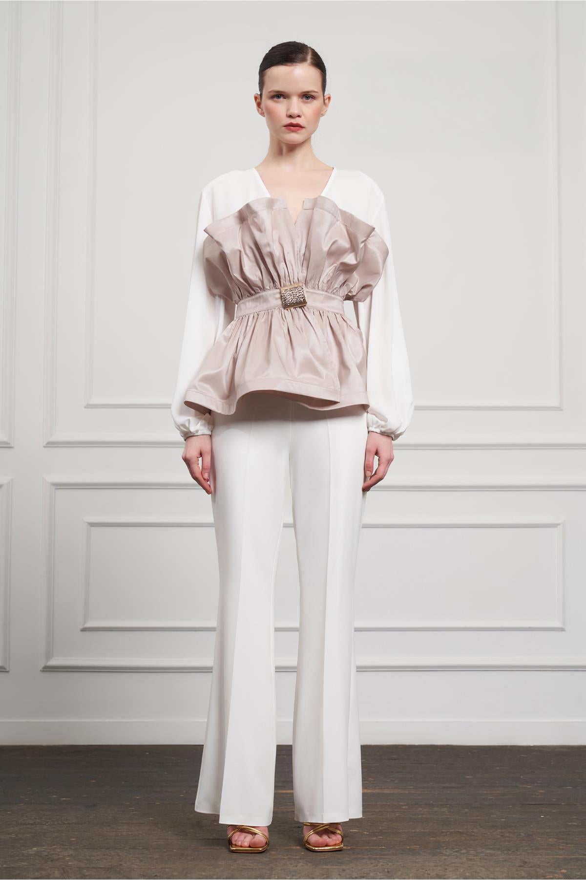 Front Fan-Look Buckle Detailed Blouse