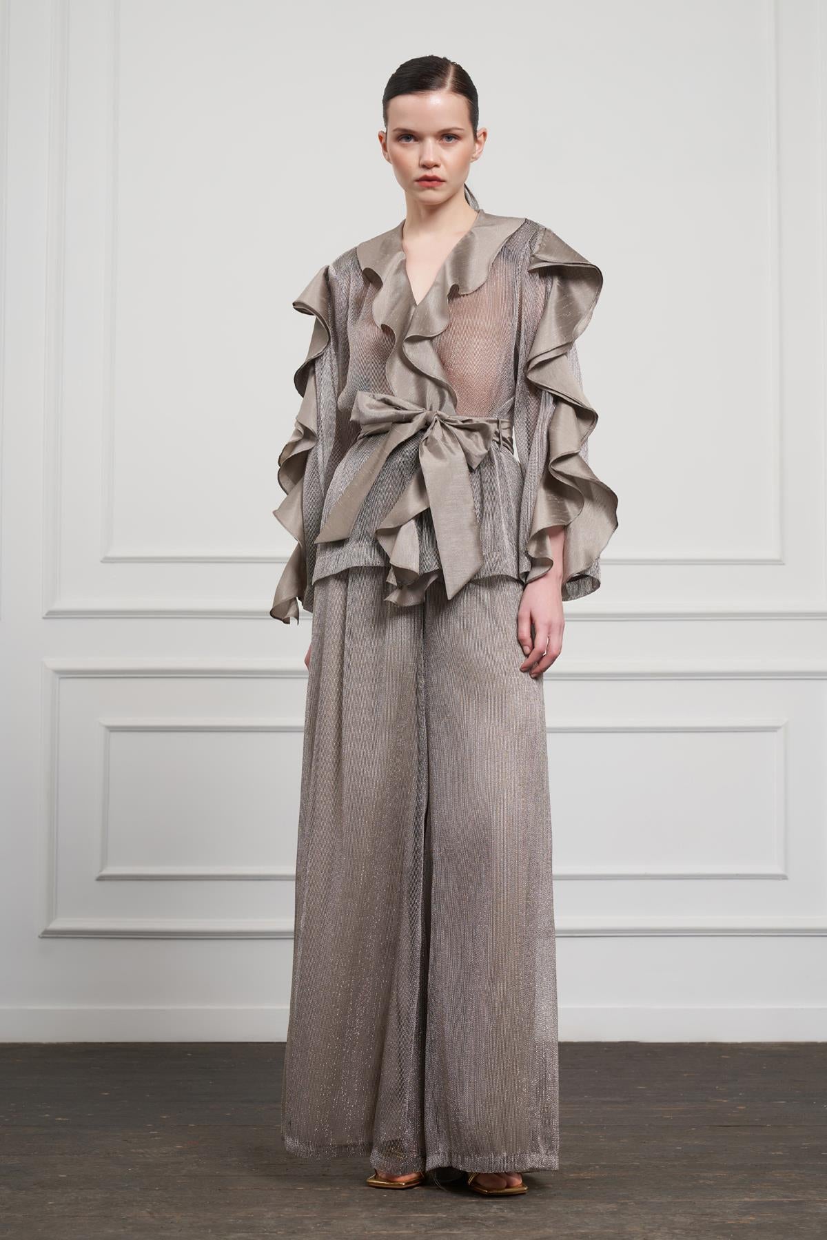 Metalik Işıltılı Geniş Paça Pantolon