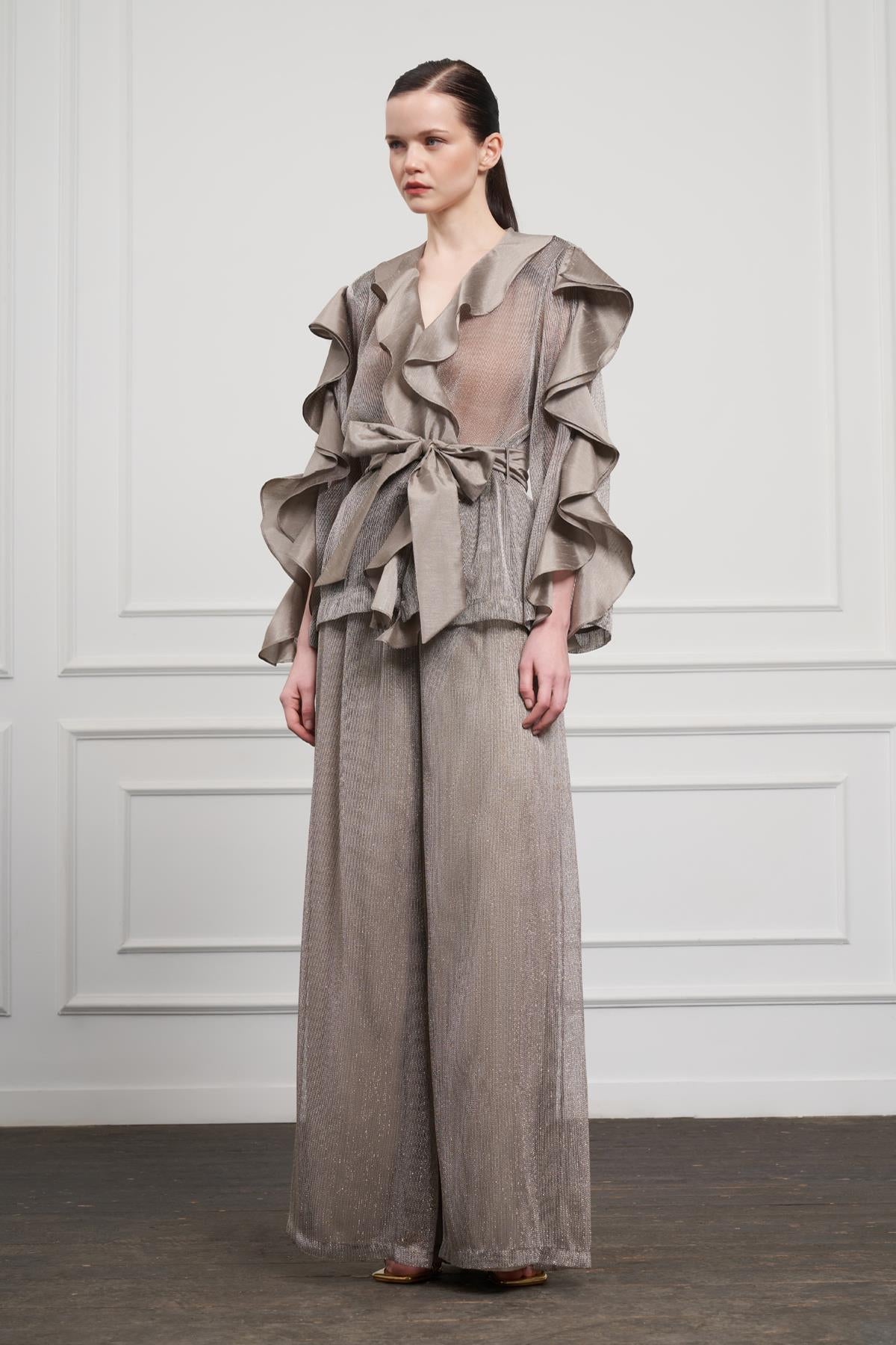 Metalik Işıltılı Geniş Paça Pantolon