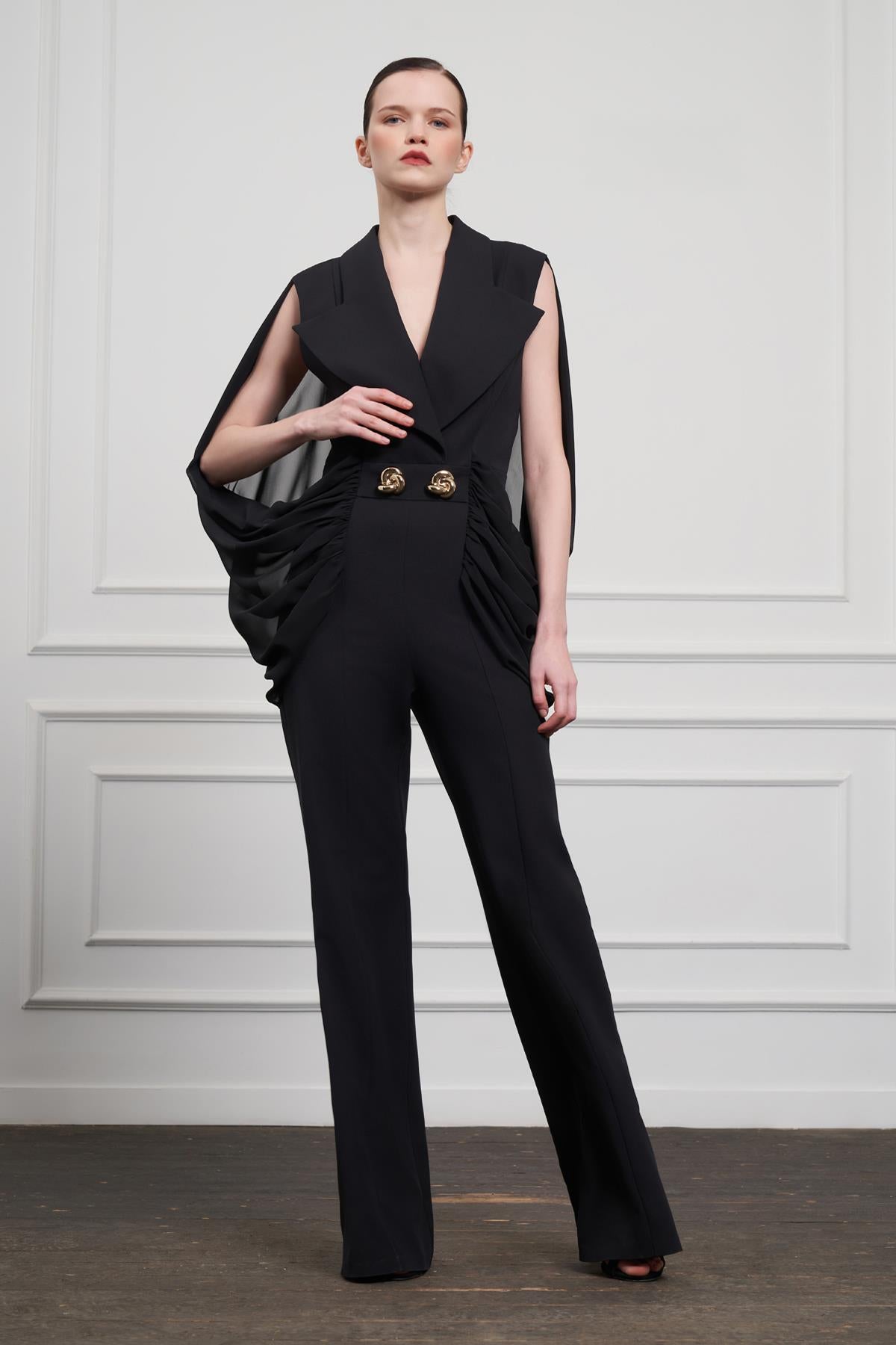 Çift Gold Düğme Detaylı Drapeli Tulum