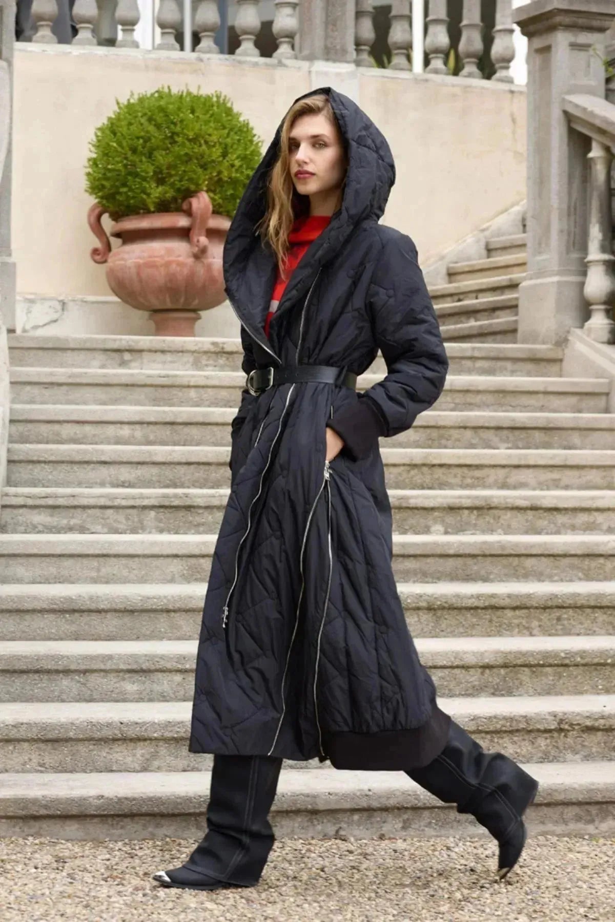 Quilted Coat with Hooded Zipper Detail