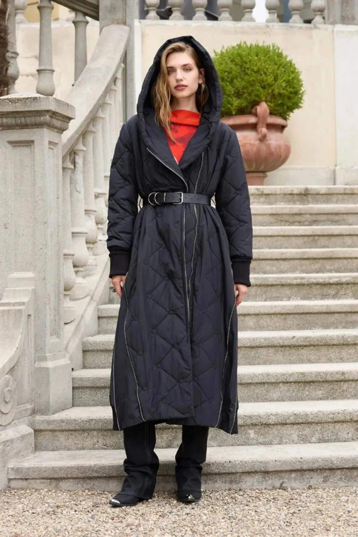 Quilted Coat with Hooded Zipper Detail