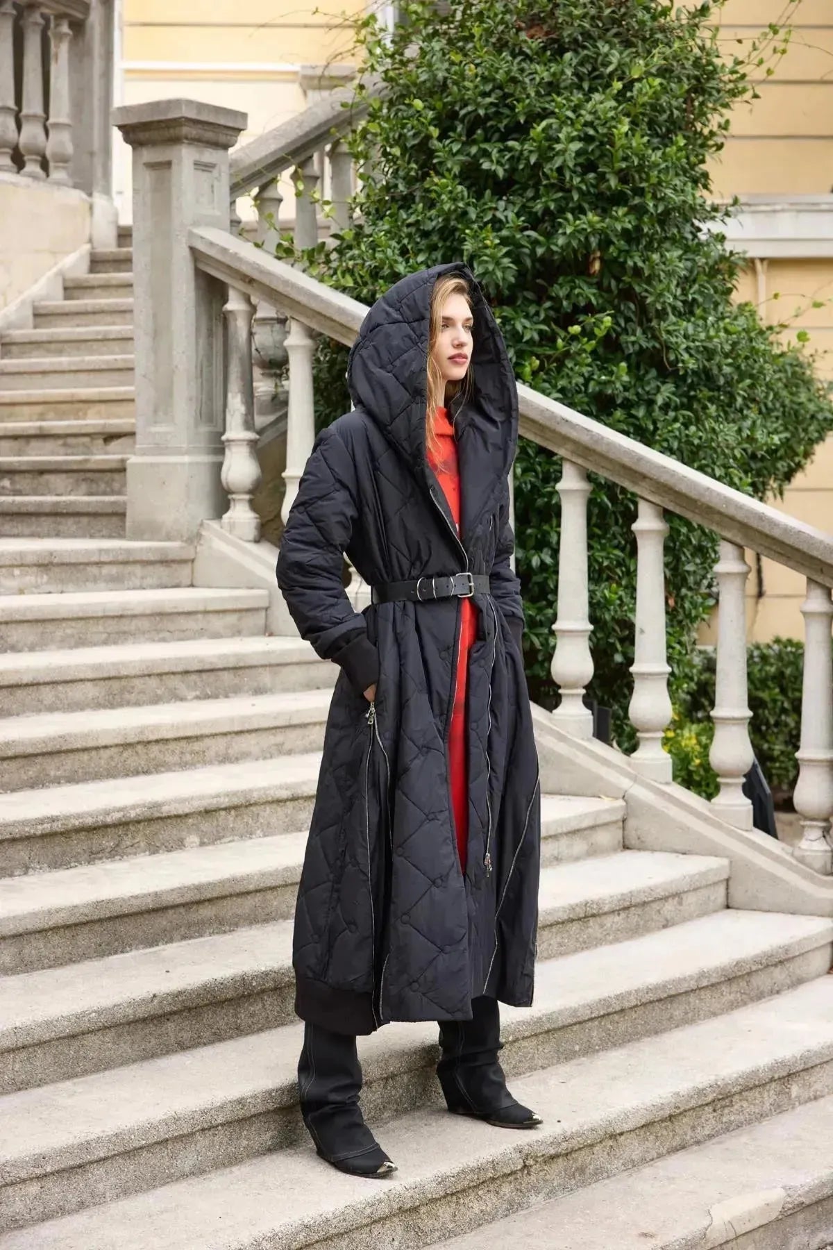 Quilted Coat with Hooded Zipper Detail