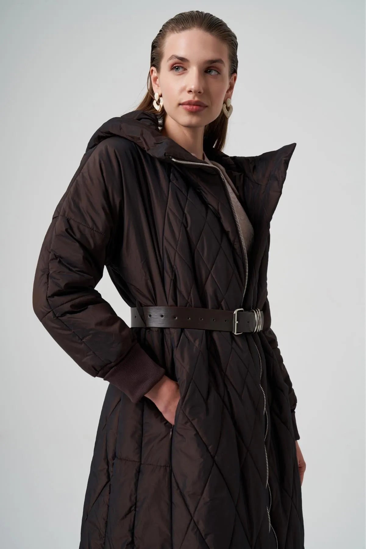 معطف طويل منتفخ مبطن