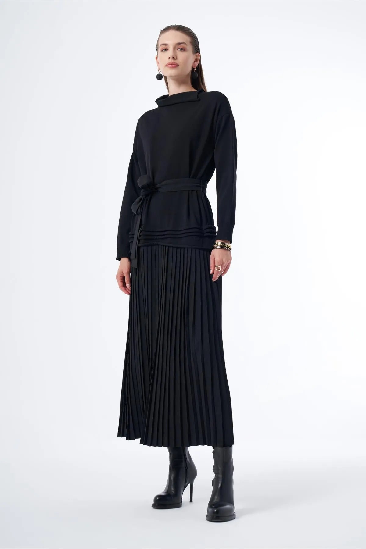 Pleated Waist Belted Knit Dress