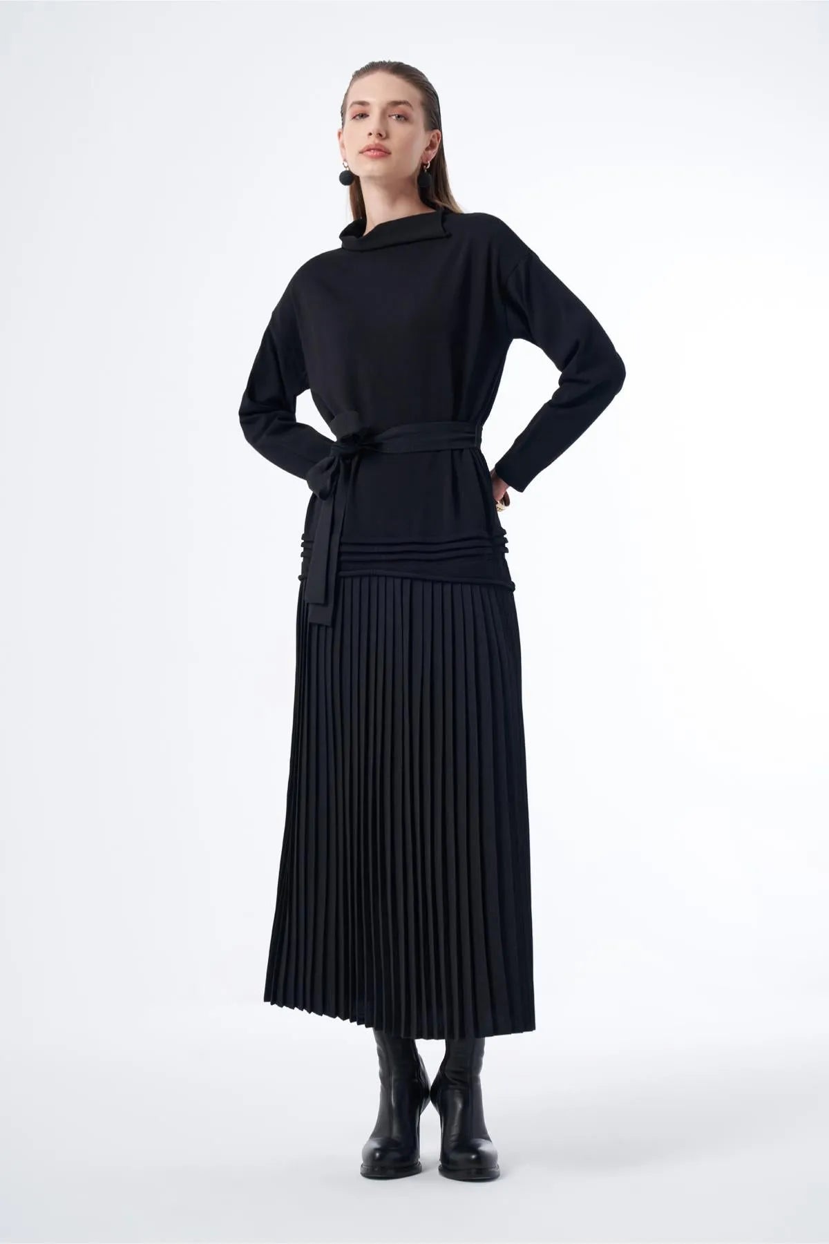 Pleated Waist Belted Knit Dress