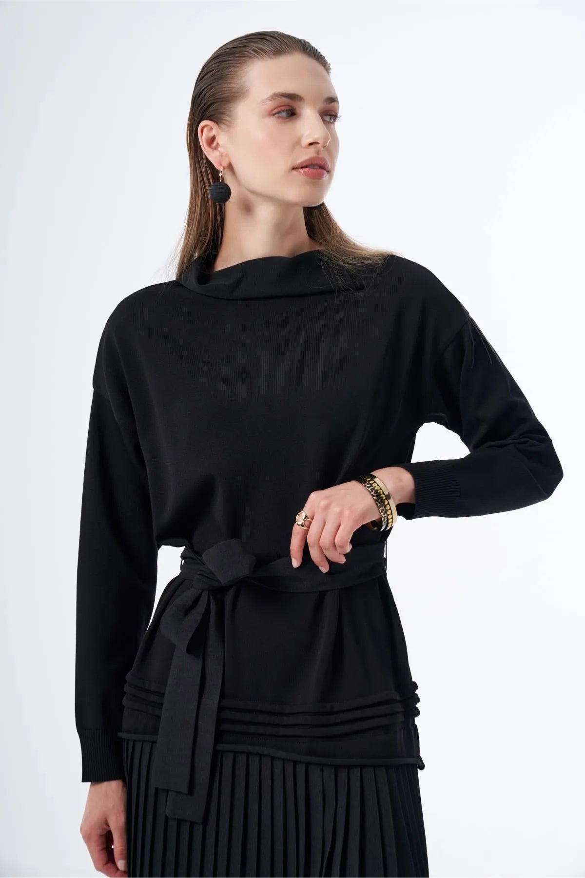 Pleated Waist Belted Knit Dress