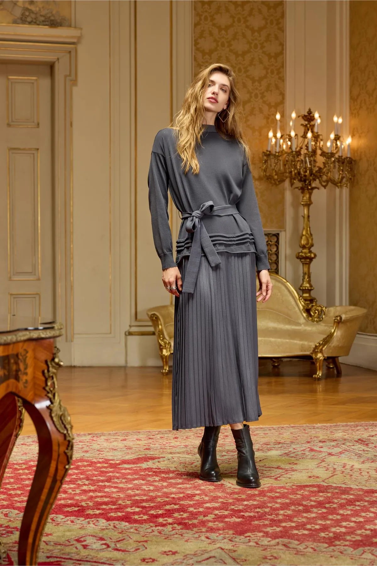 Pleated Waist Belted Knit Dress