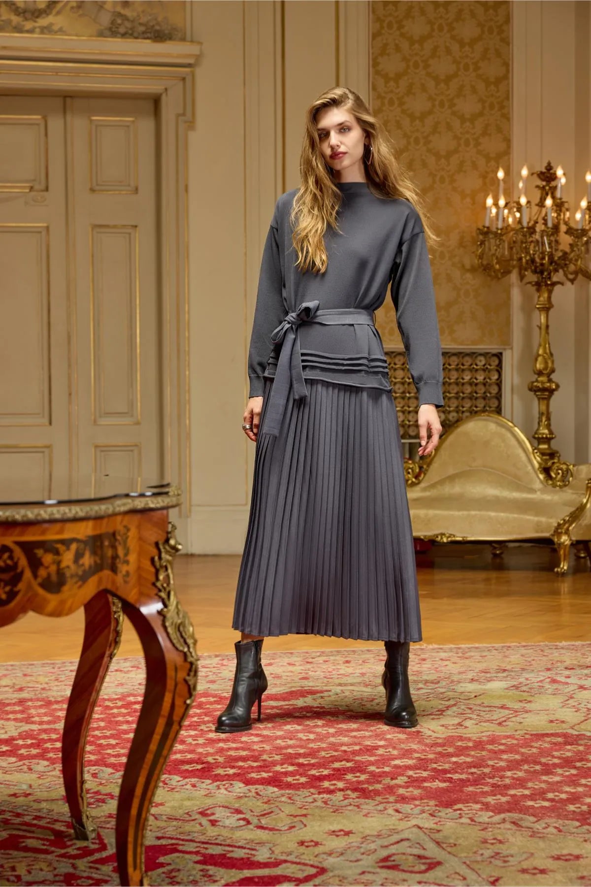 Pleated Waist Belted Knit Dress