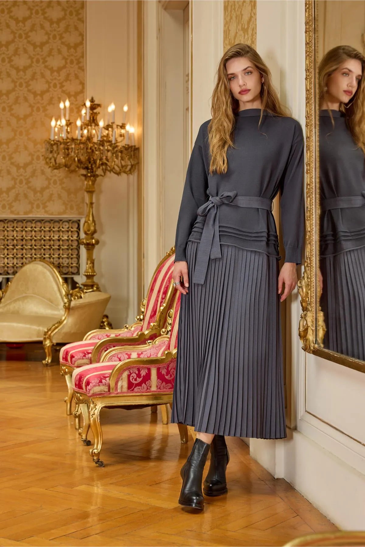 Pleated Waist Belted Knit Dress