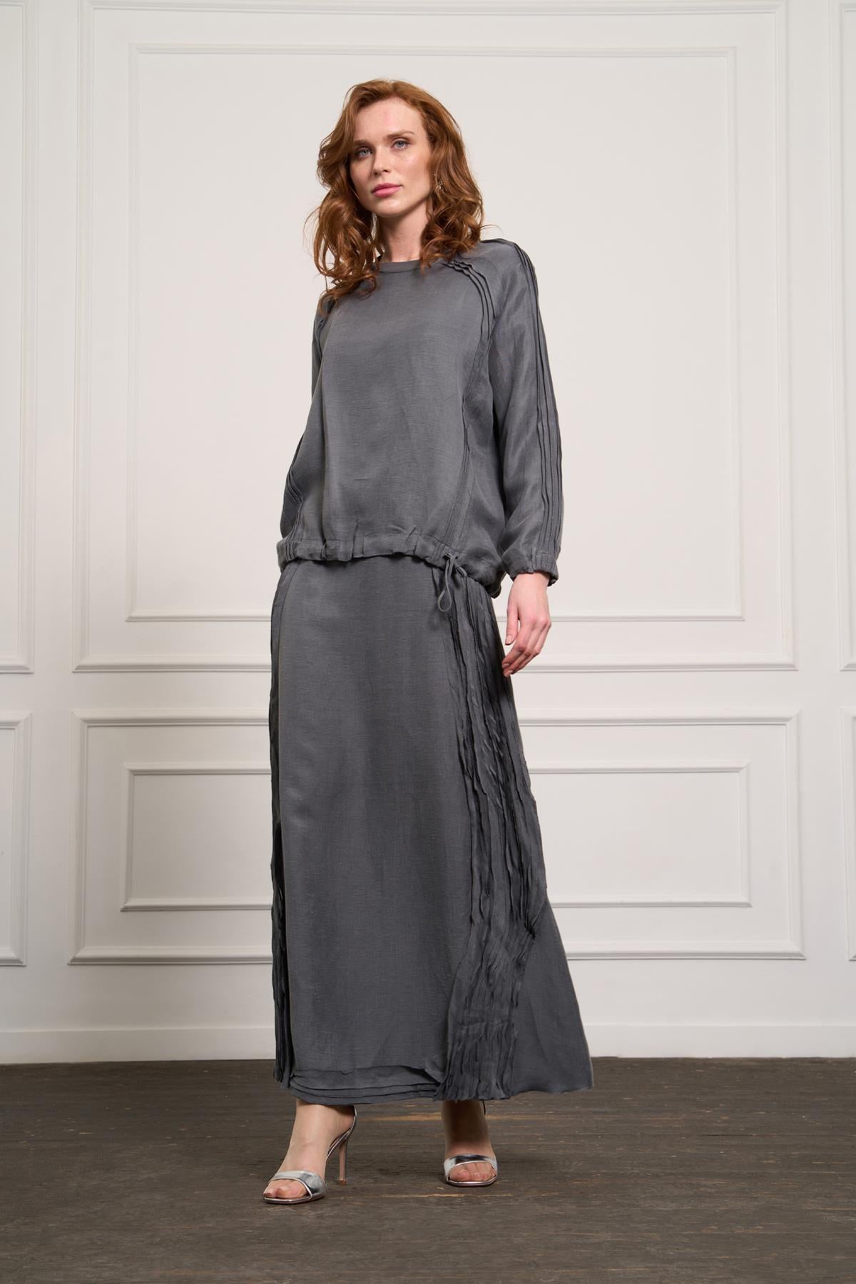 Side Pleated Linen Skirt Tunic Set