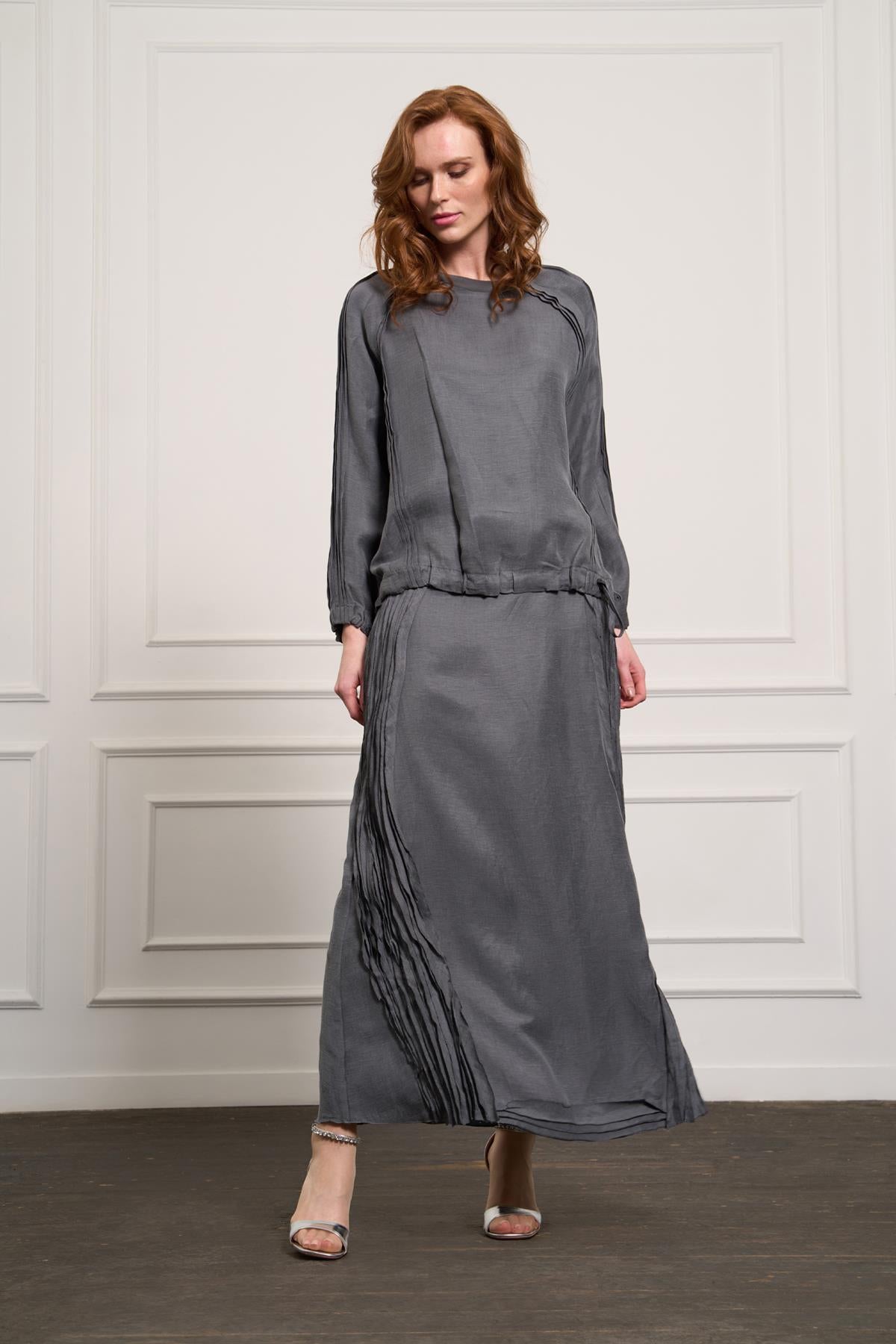 Side Pleated Linen Skirt Tunic Set