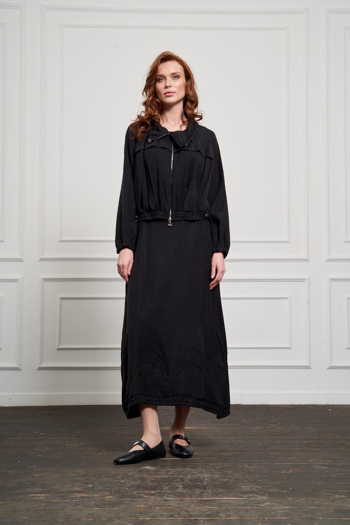 Zippered Short Jacket and Long Skirt Linen Suit