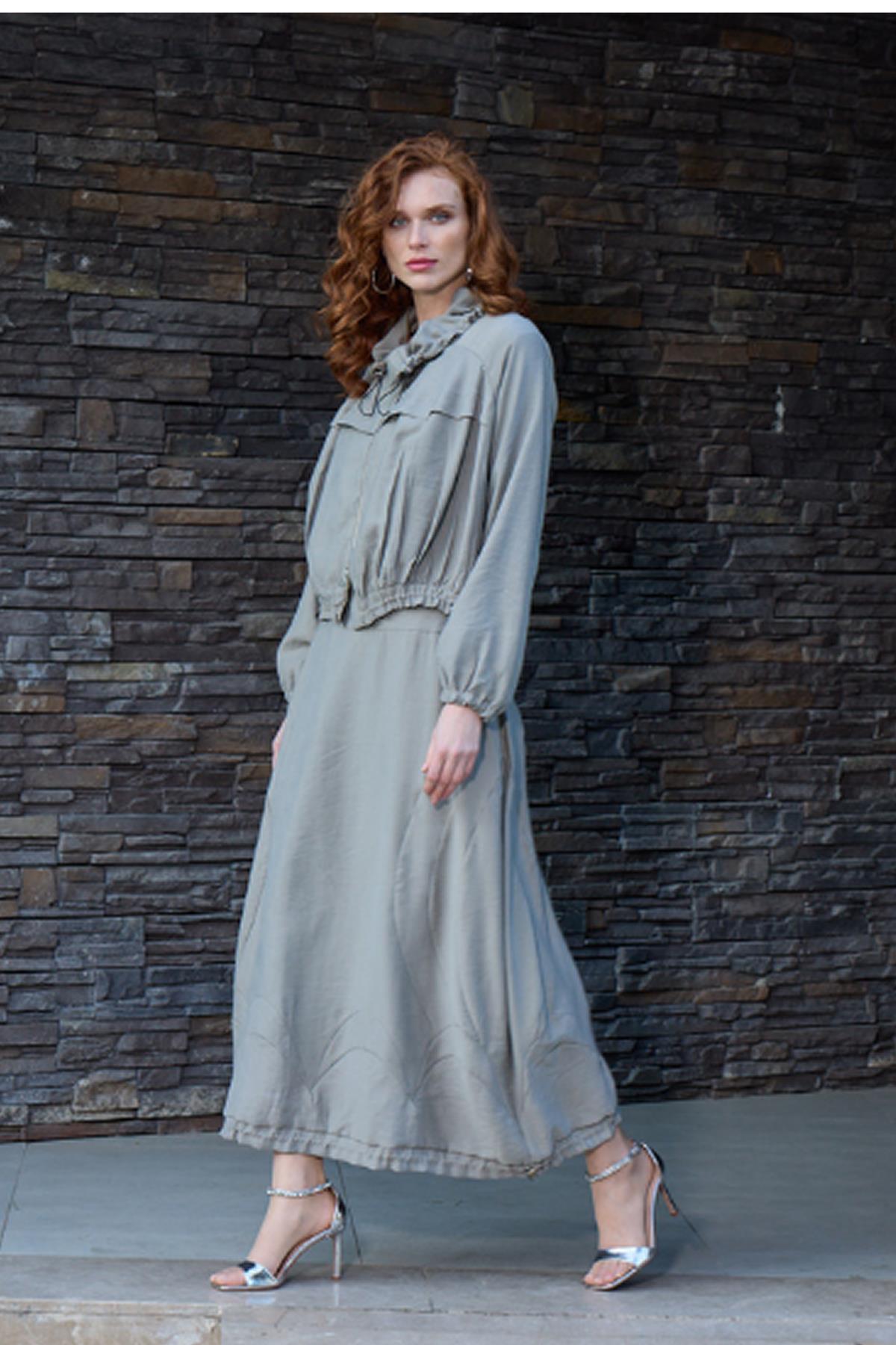 Zippered Short Jacket and Long Skirt Linen Suit