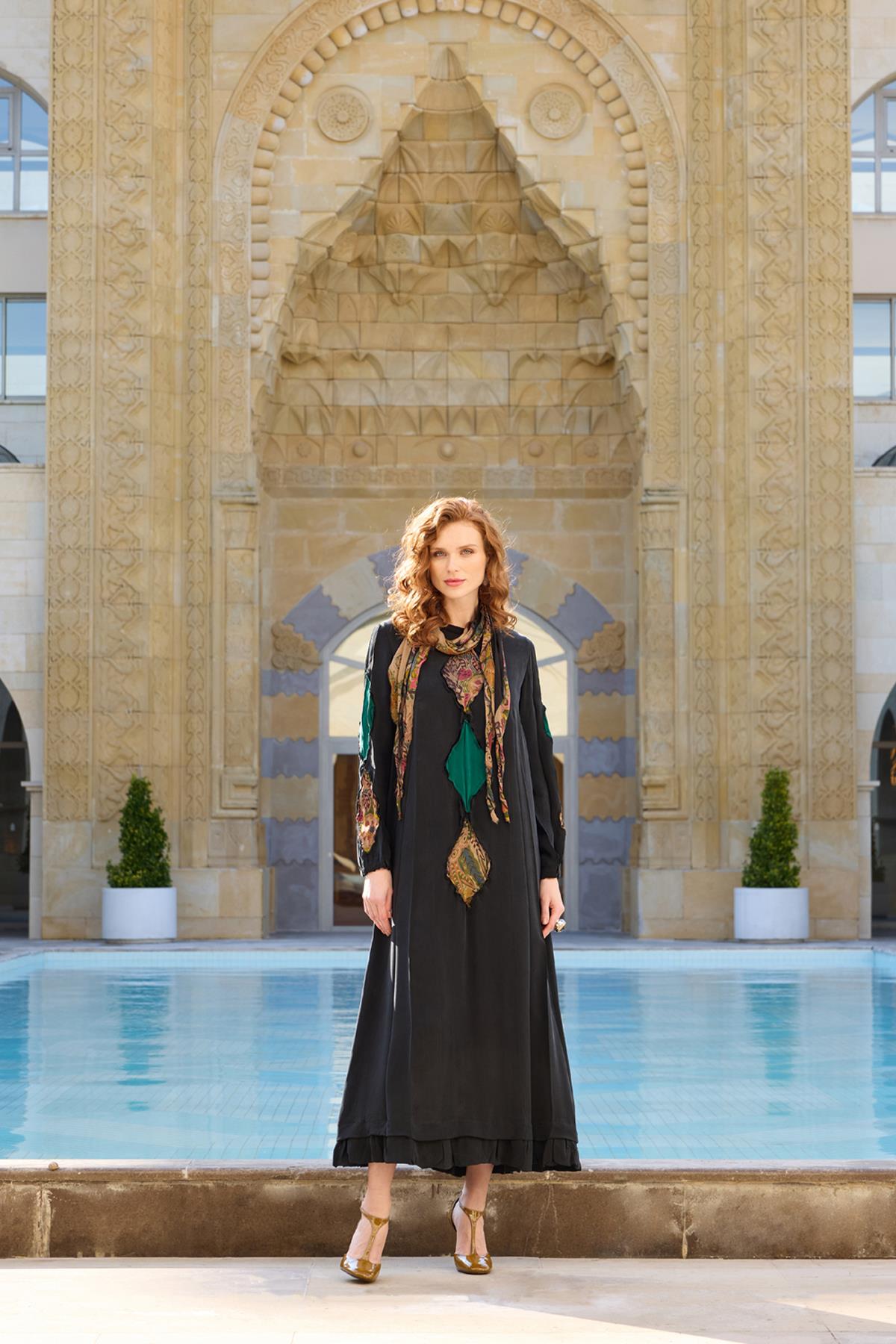 Shawl Detailed Loose Cut Patchwork Long Dress