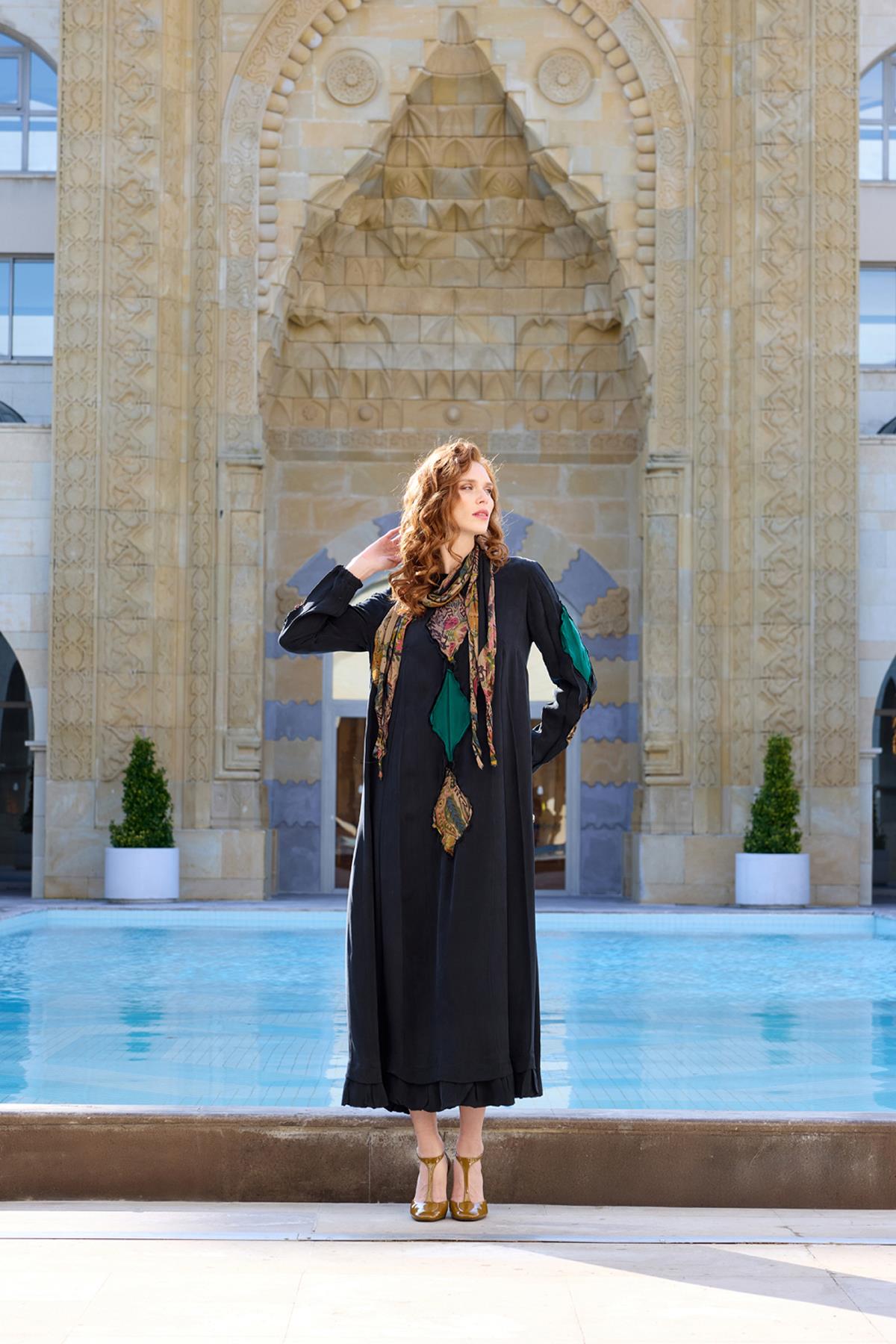 Shawl Detailed Loose Cut Patchwork Long Dress