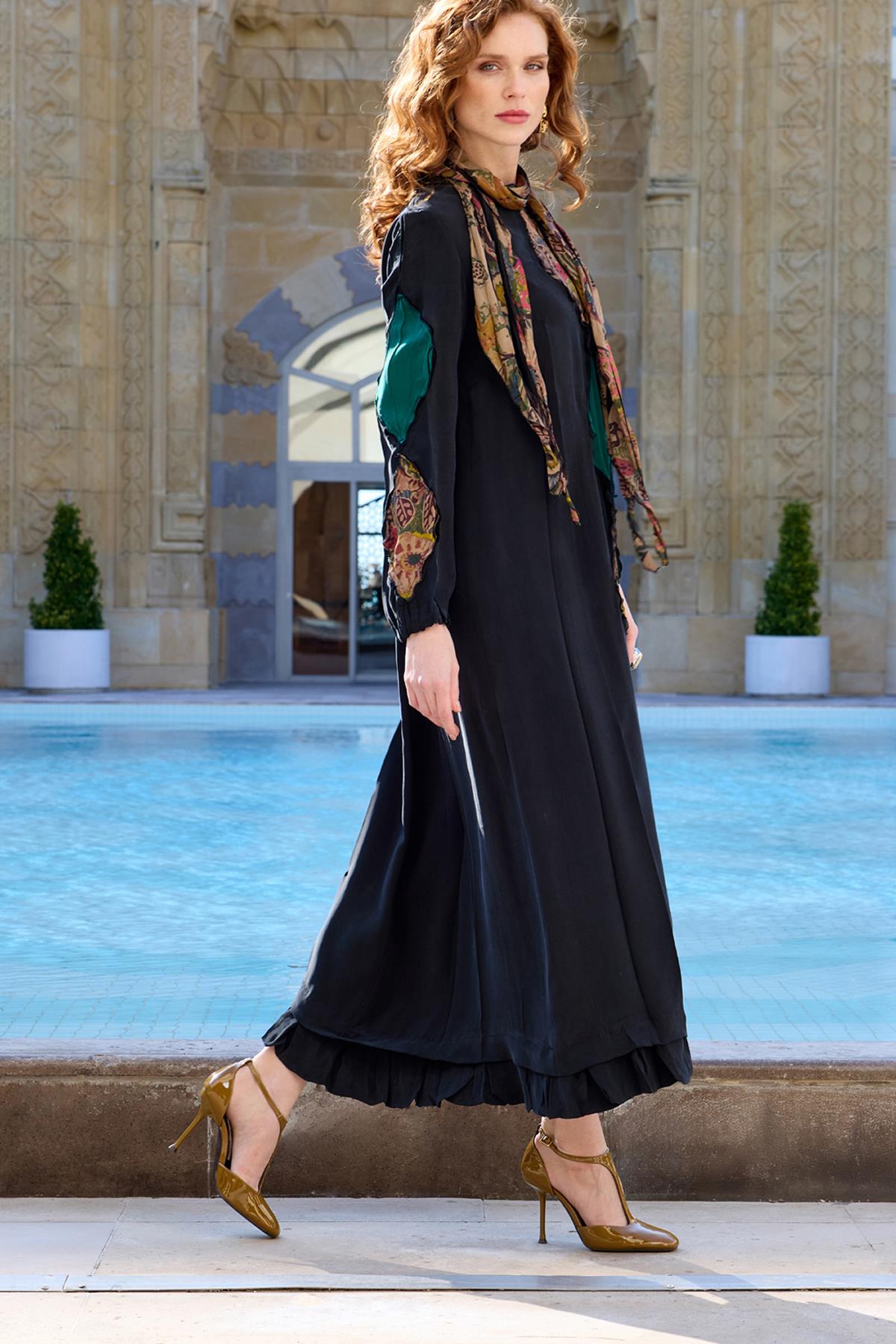 Shawl Detailed Loose Cut Patchwork Long Dress