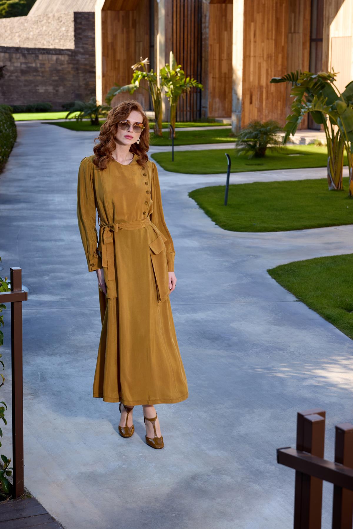 Buttoned Large Pocket Detailed Waist Belted Dress