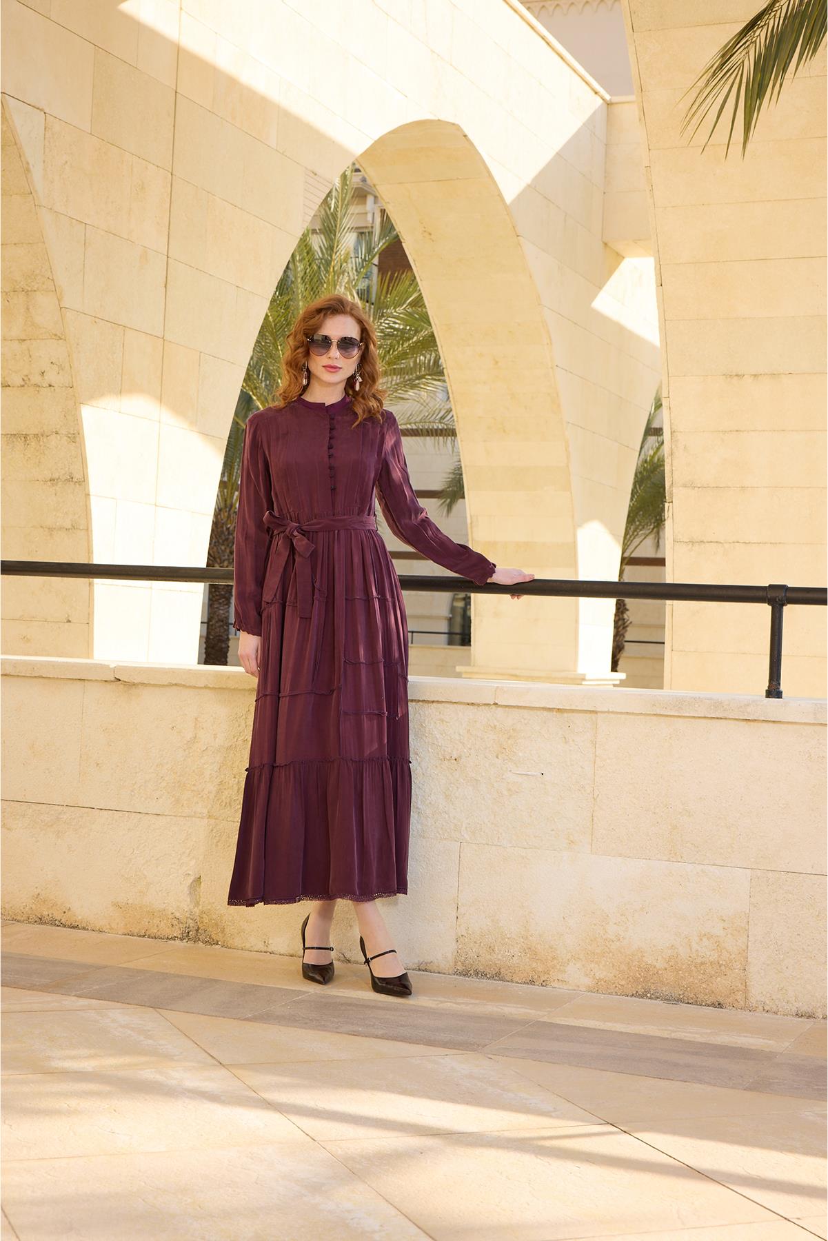 Buttoned Waist Belted Cupro Dress