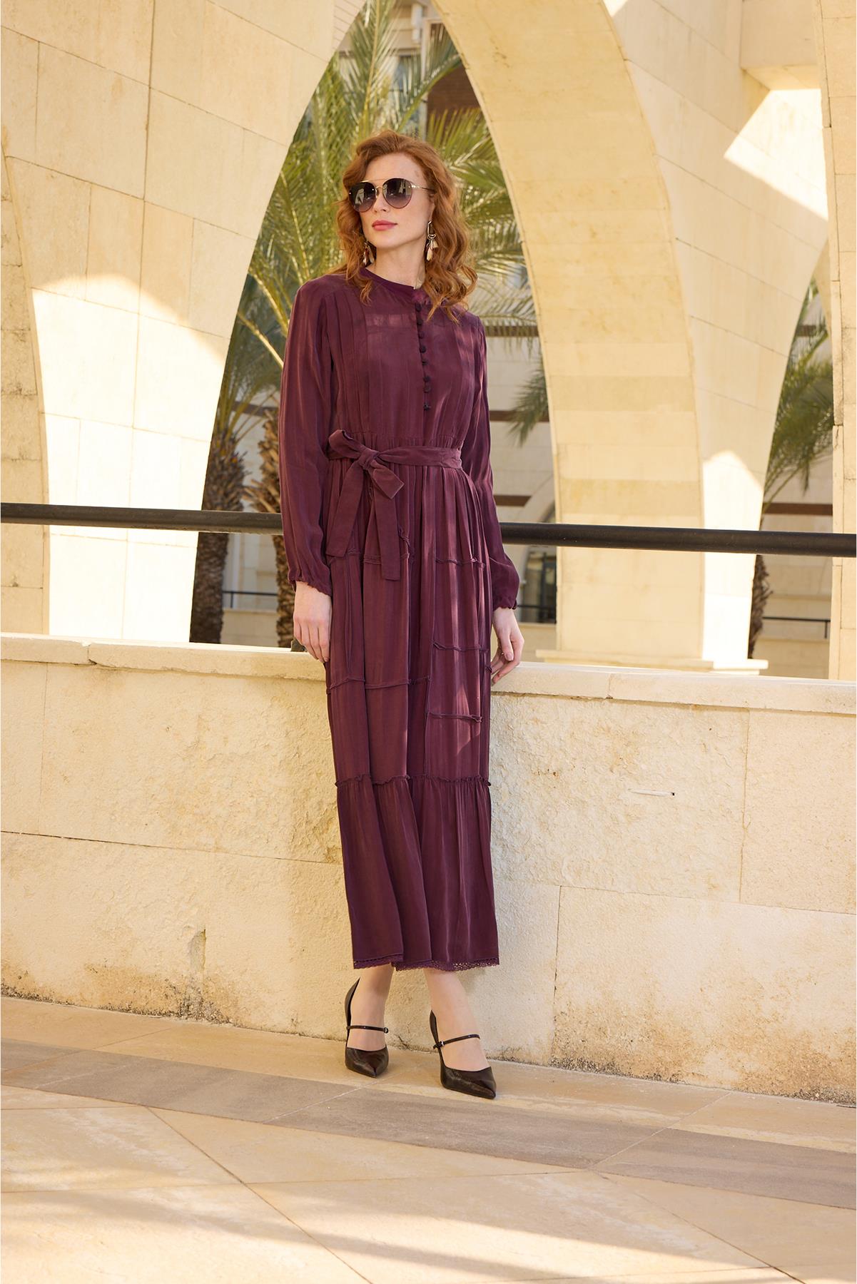 Buttoned Waist Belted Cupro Dress