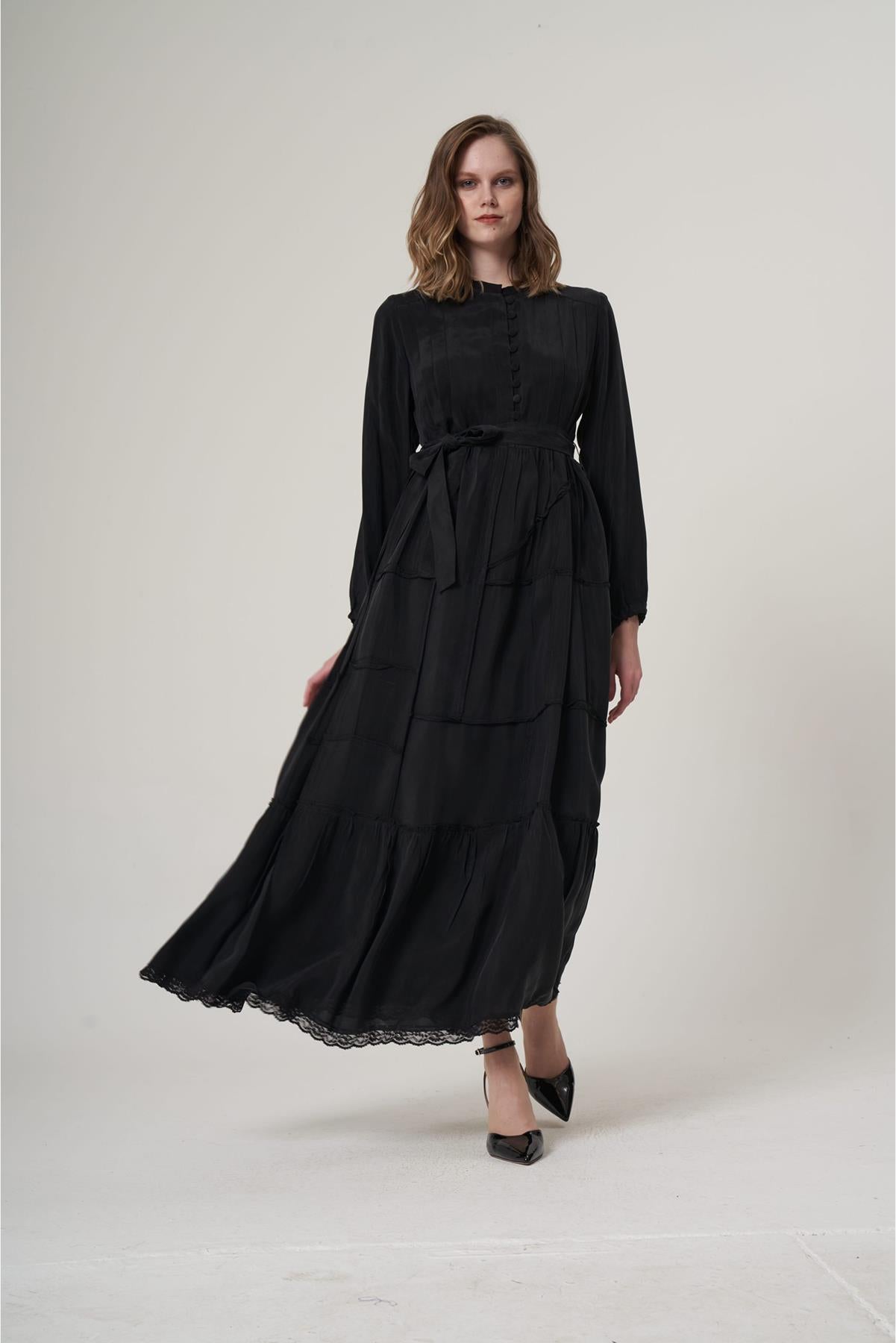 Buttoned Waist Belted Cupro Dress