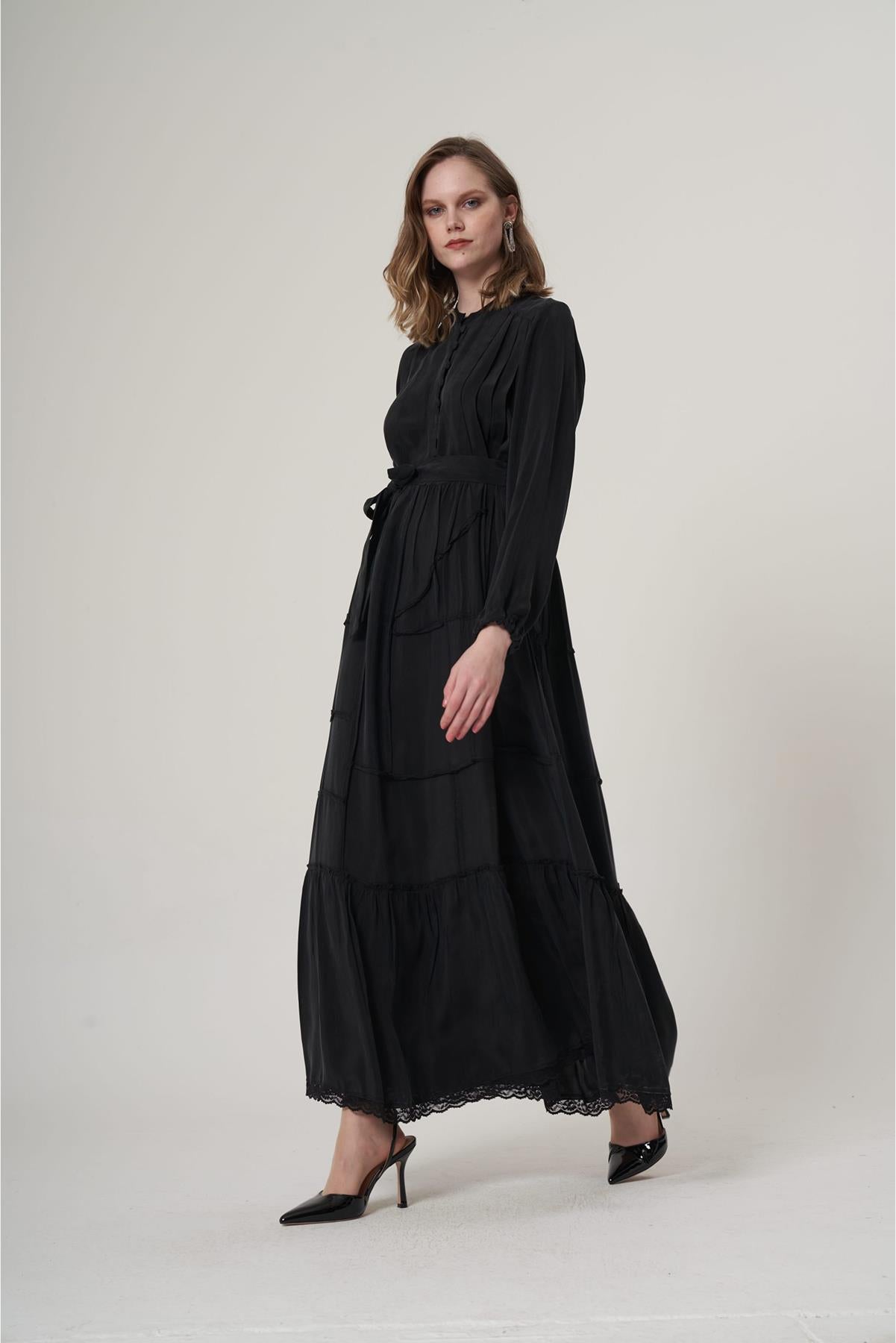 Buttoned Waist Belted Cupro Dress