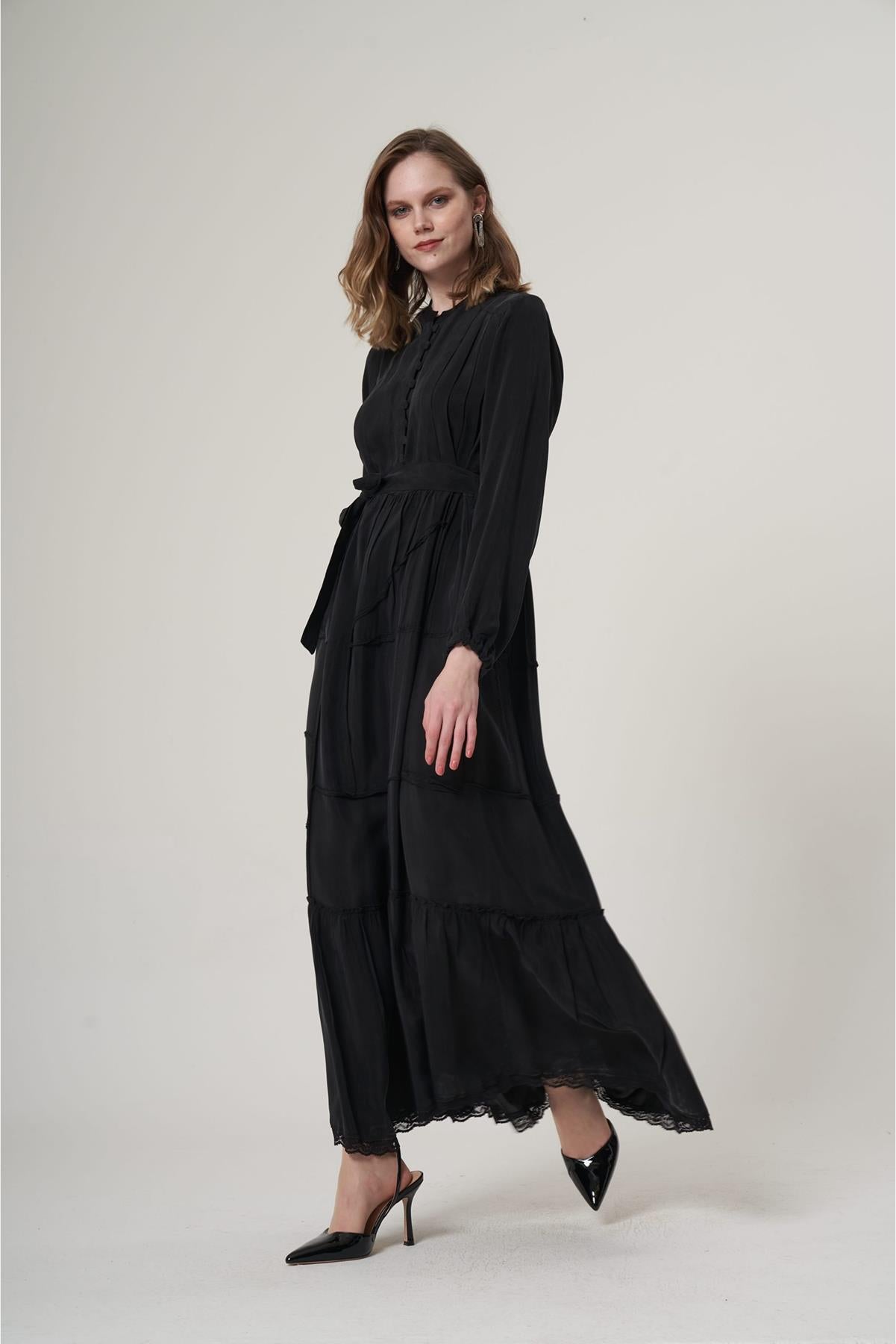 Buttoned Waist Belted Cupro Dress