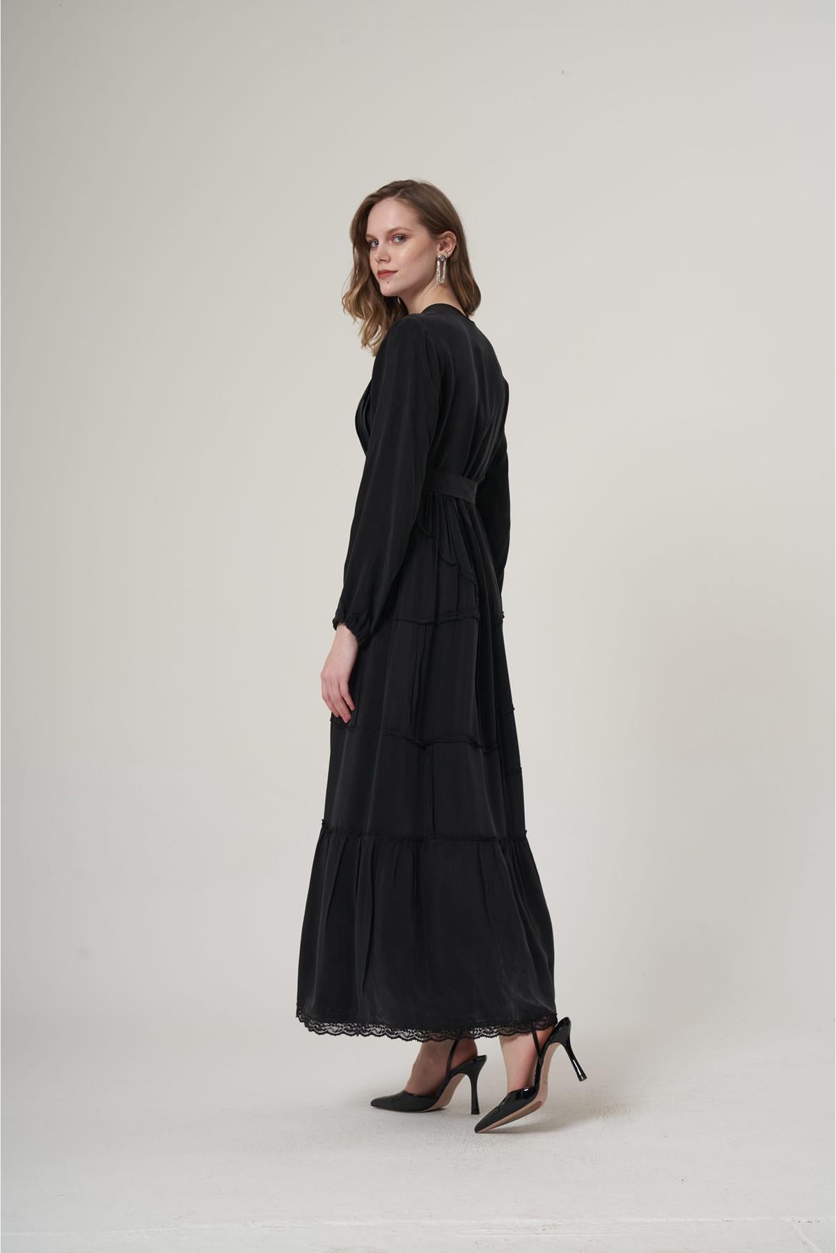 Buttoned Waist Belted Cupro Dress