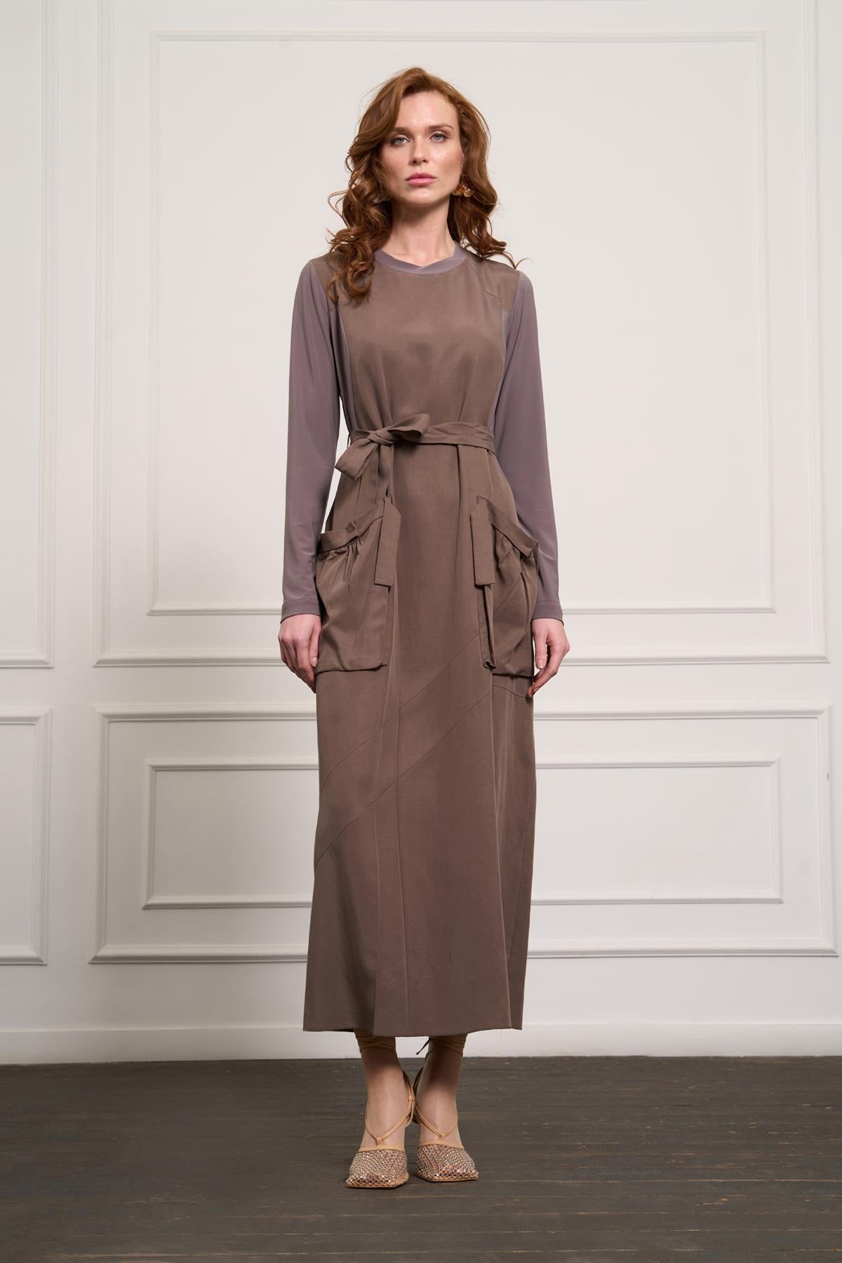Waist Belted Pocket Detailed Cupro Dress