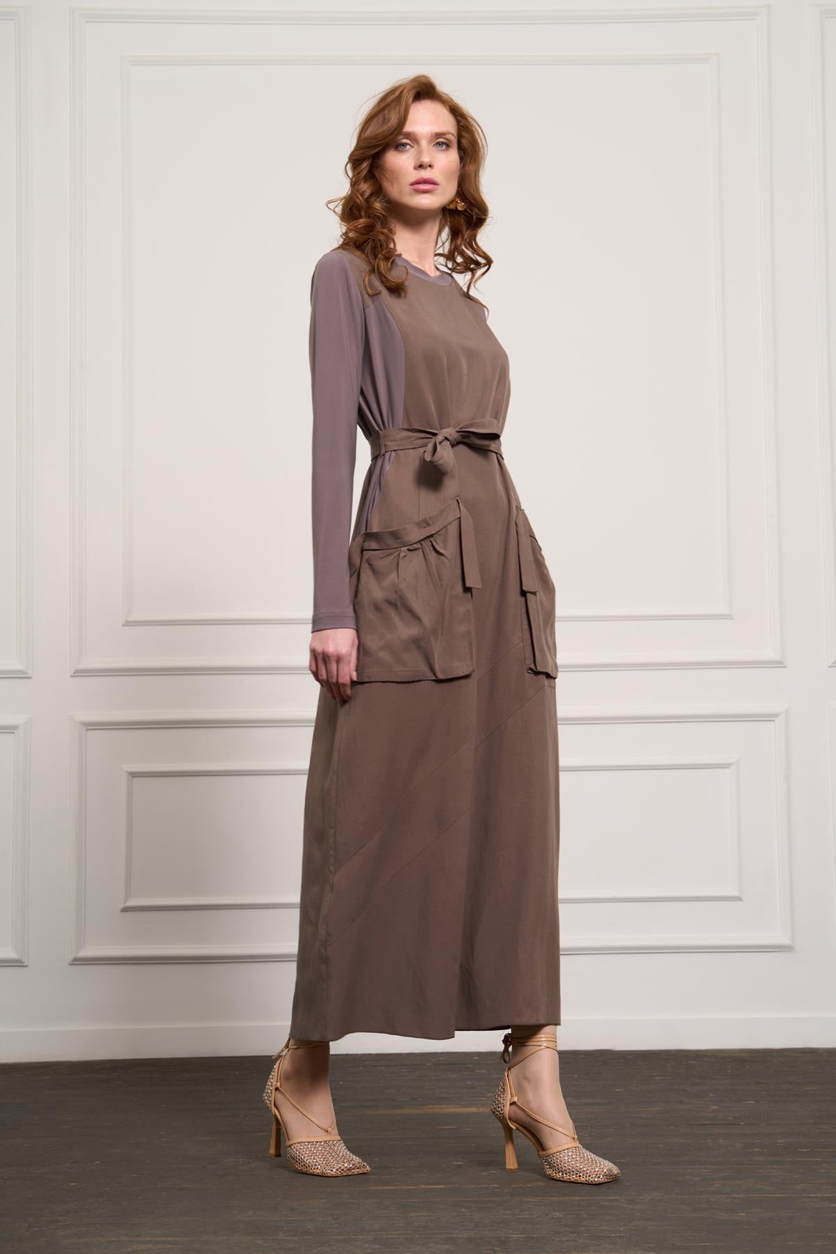Waist Belted Pocket Detailed Cupro Dress