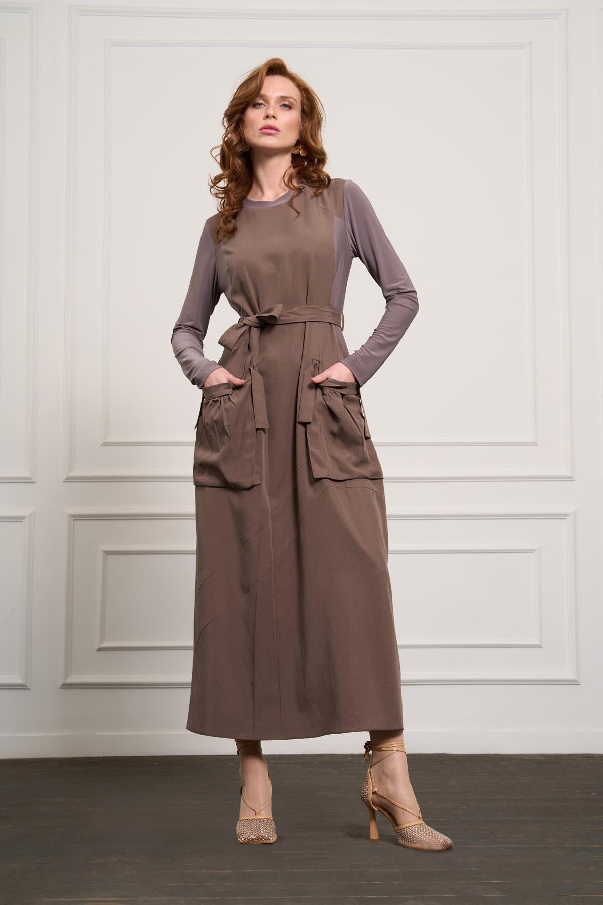 Waist Belted Pocket Detailed Cupro Dress