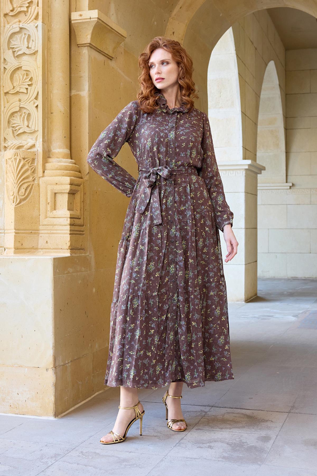 Double Chiffon Dress with Waist Belt Detail