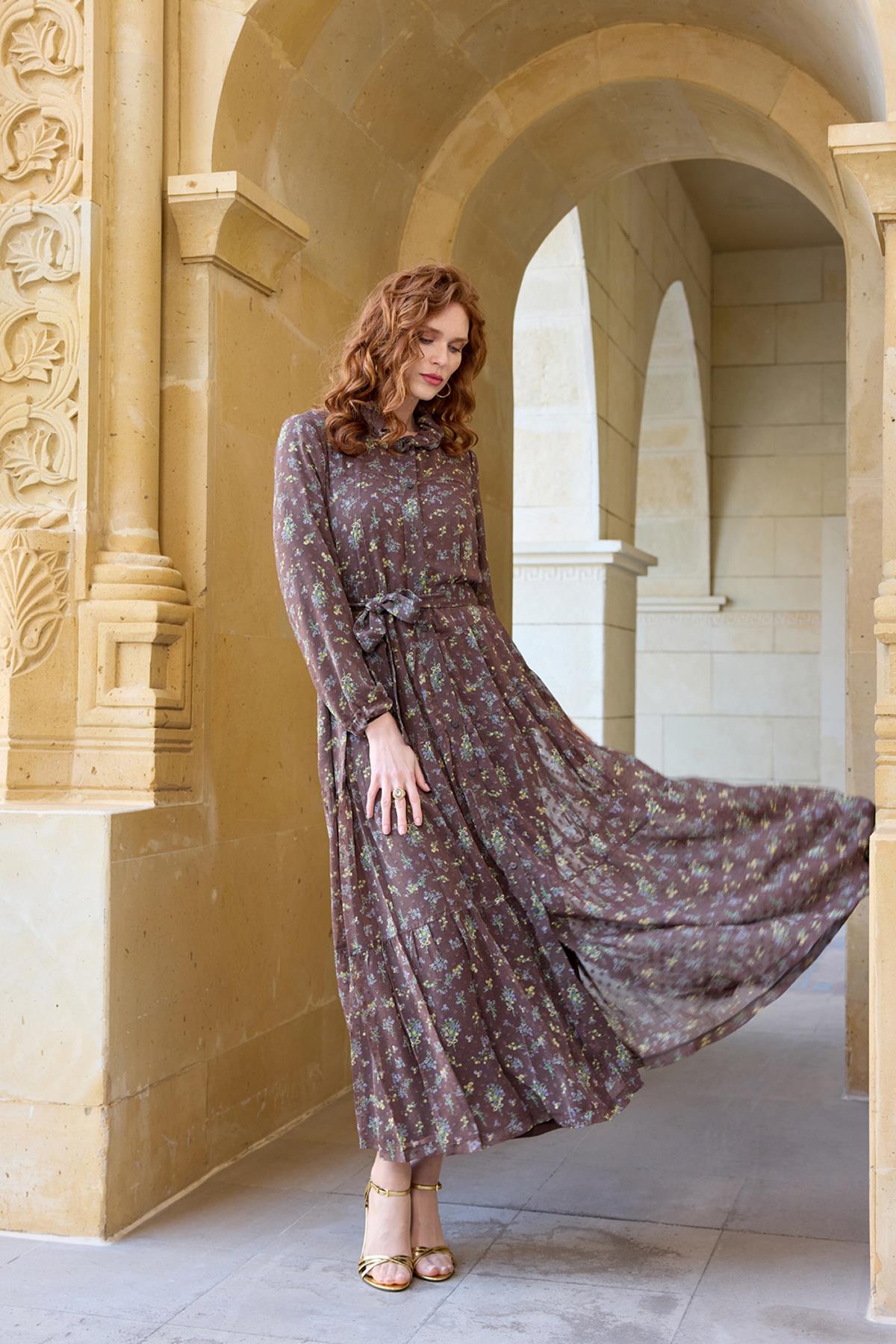 Double Chiffon Dress with Waist Belt Detail