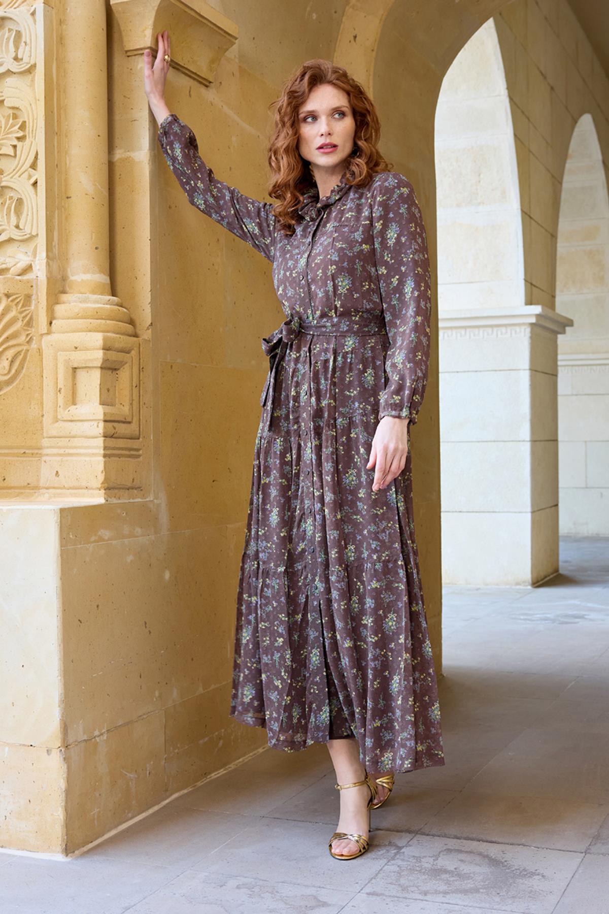 Double Chiffon Dress with Waist Belt Detail