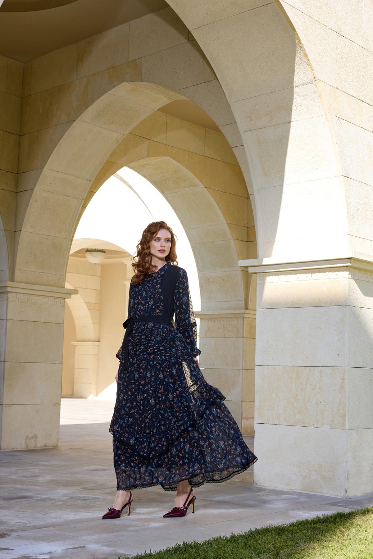 Waist Belted Double Chiffon Dress