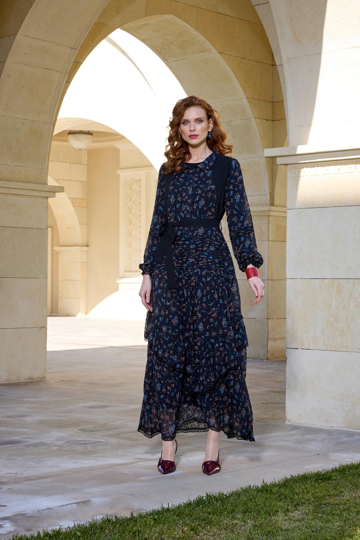 Waist Belted Double Chiffon Dress