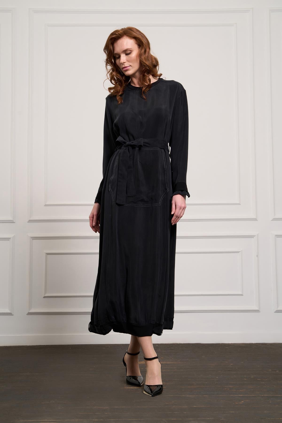 Önü Cepli Fermuar Detaylı Cupro Elbise