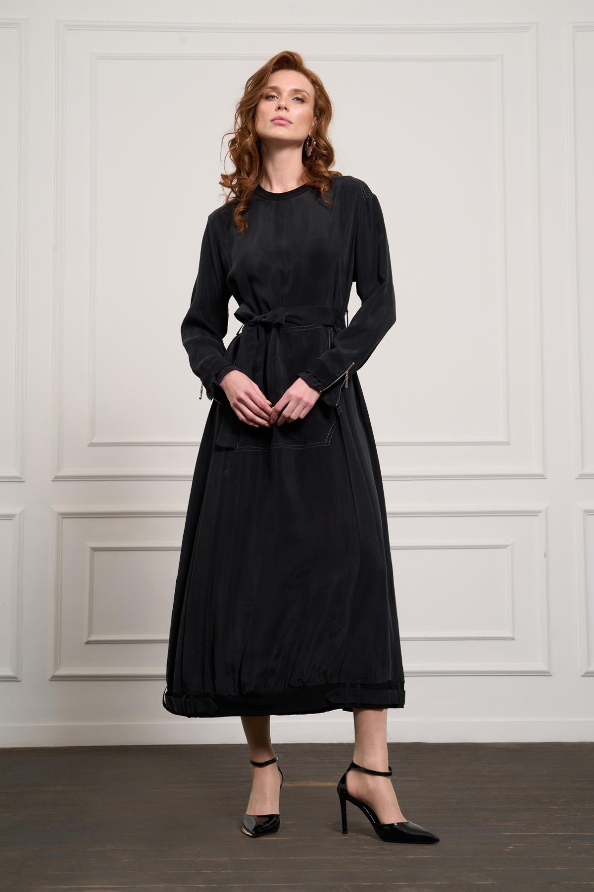 Önü Cepli Fermuar Detaylı Cupro Elbise