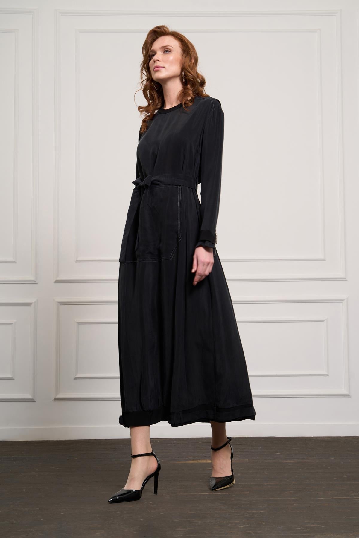 Önü Cepli Fermuar Detaylı Cupro Elbise