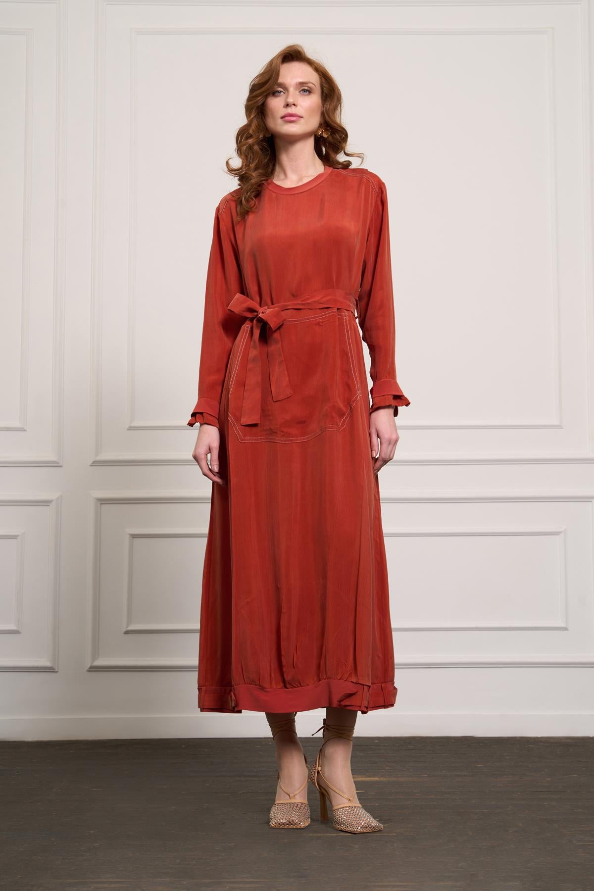 Önü Cepli Fermuar Detaylı Cupro Elbise