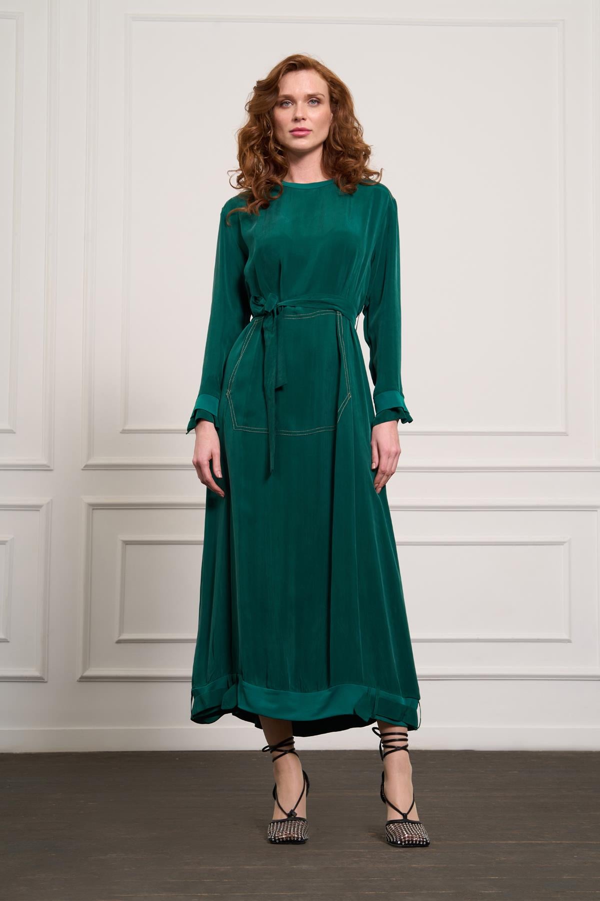 Önü Cepli Fermuar Detaylı Cupro Elbise