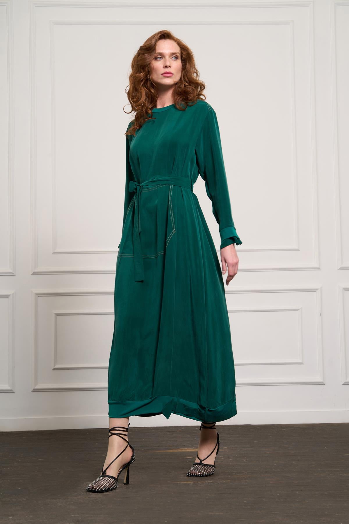 Önü Cepli Fermuar Detaylı Cupro Elbise