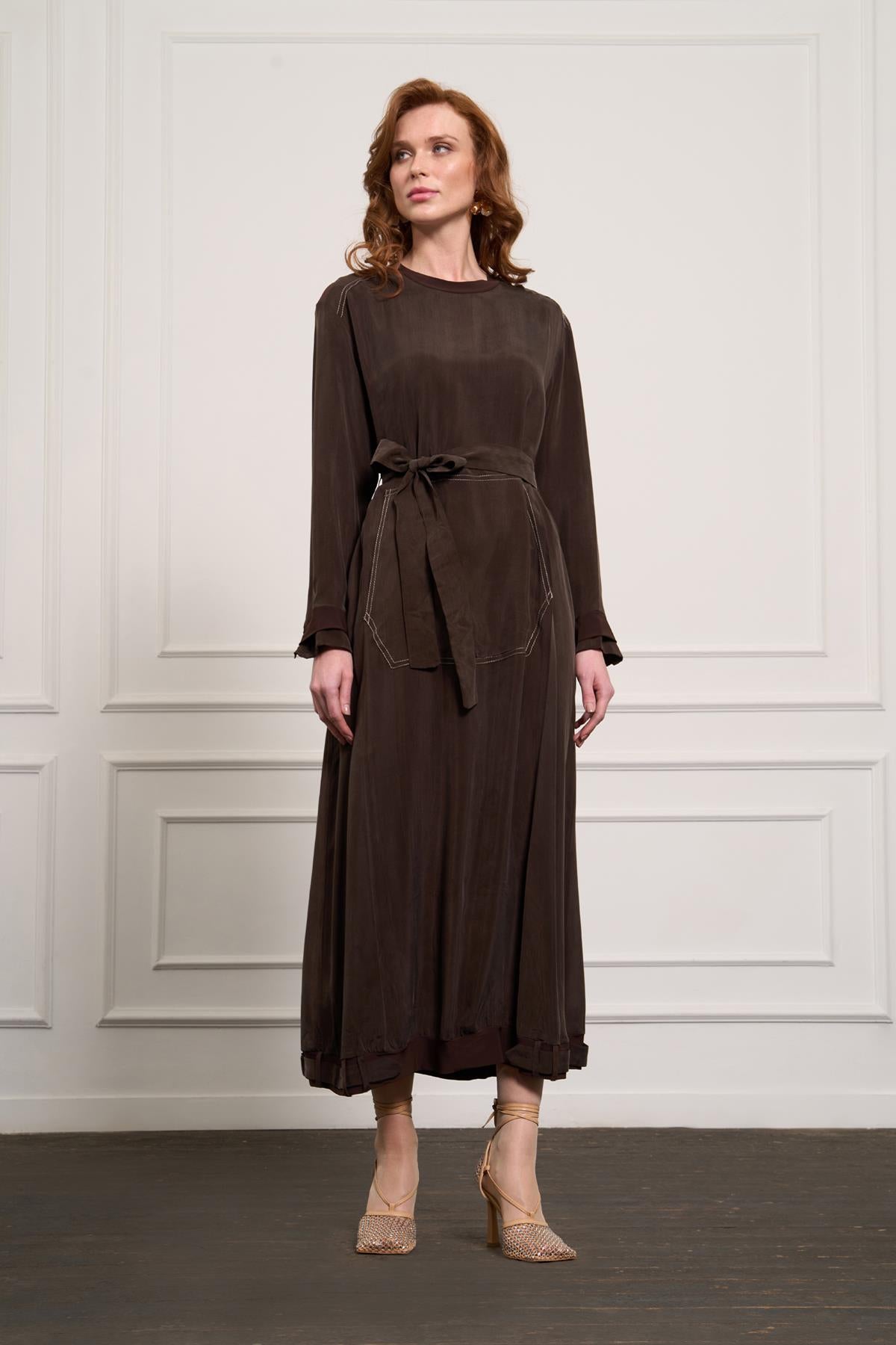 Önü Cepli Fermuar Detaylı Cupro Elbise