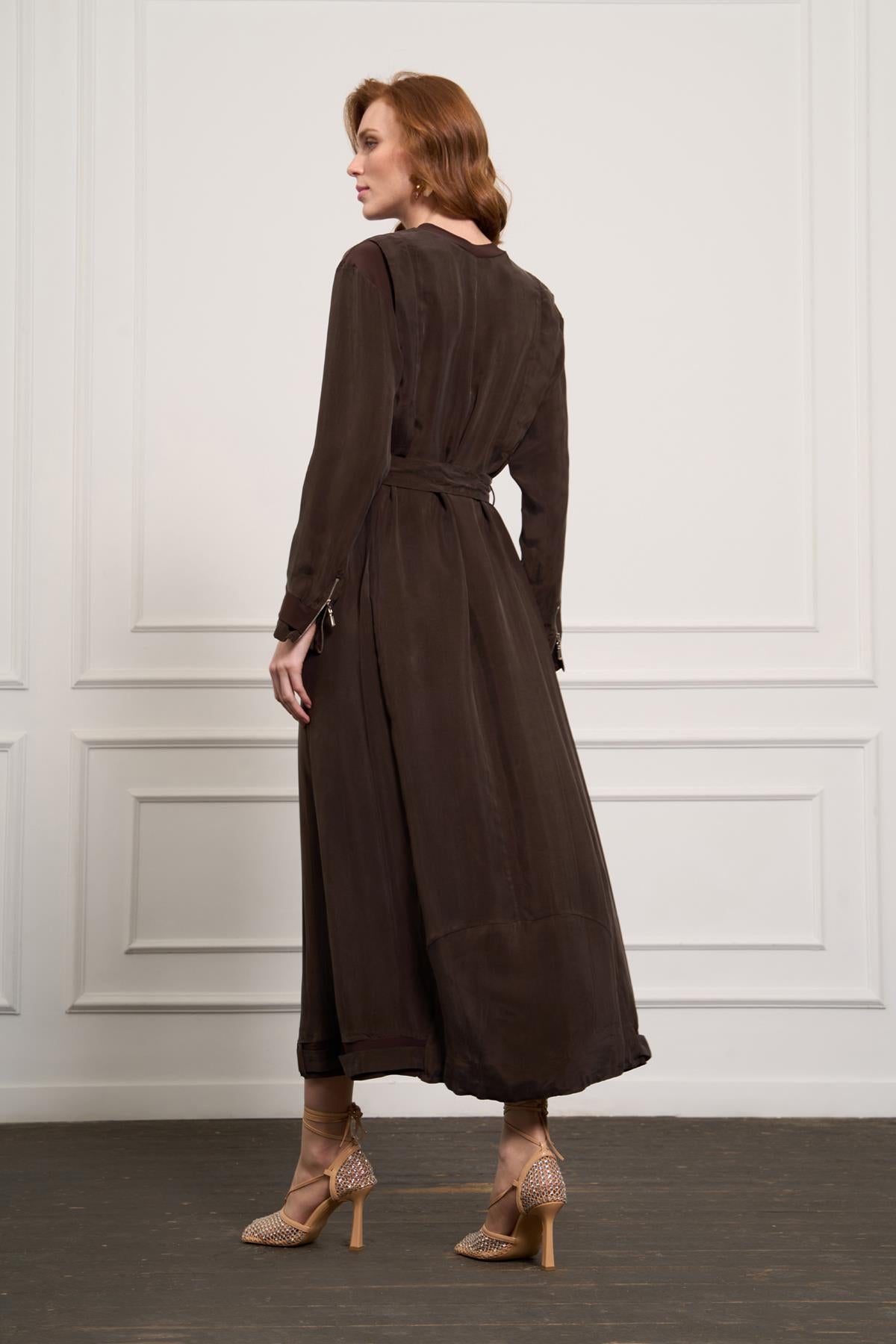 Önü Cepli Fermuar Detaylı Cupro Elbise