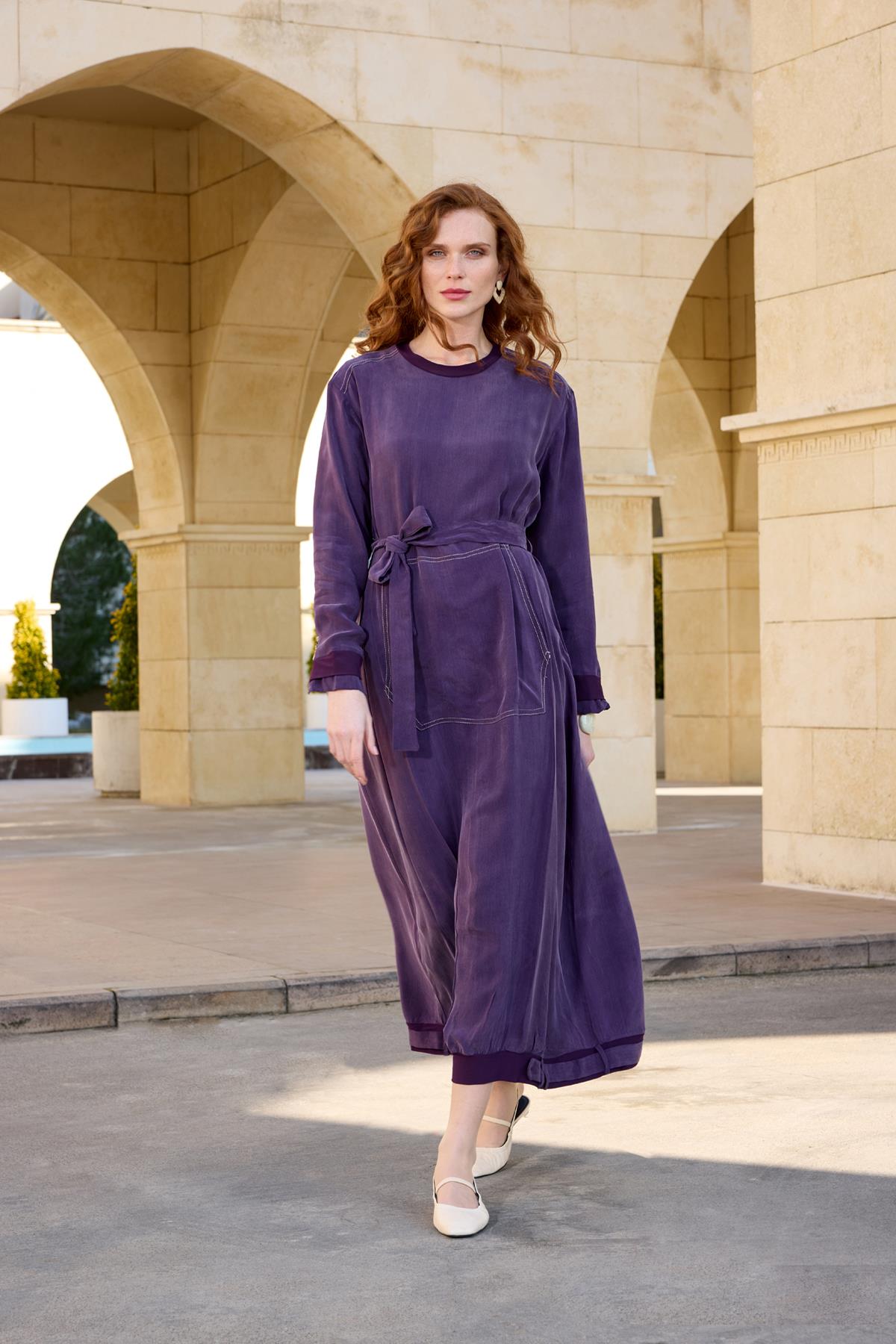 Önü Cepli Fermuar Detaylı Cupro Elbise