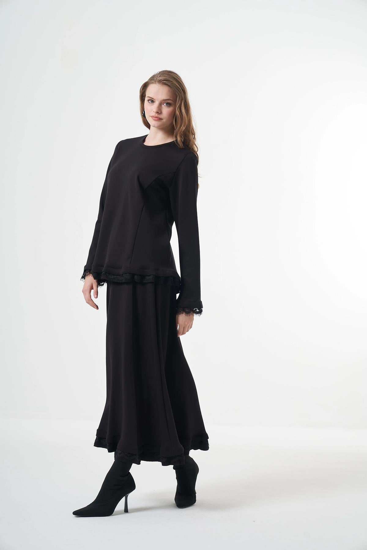 Tunic Skirt Set with Guipure Detail on Sleeves and Hem