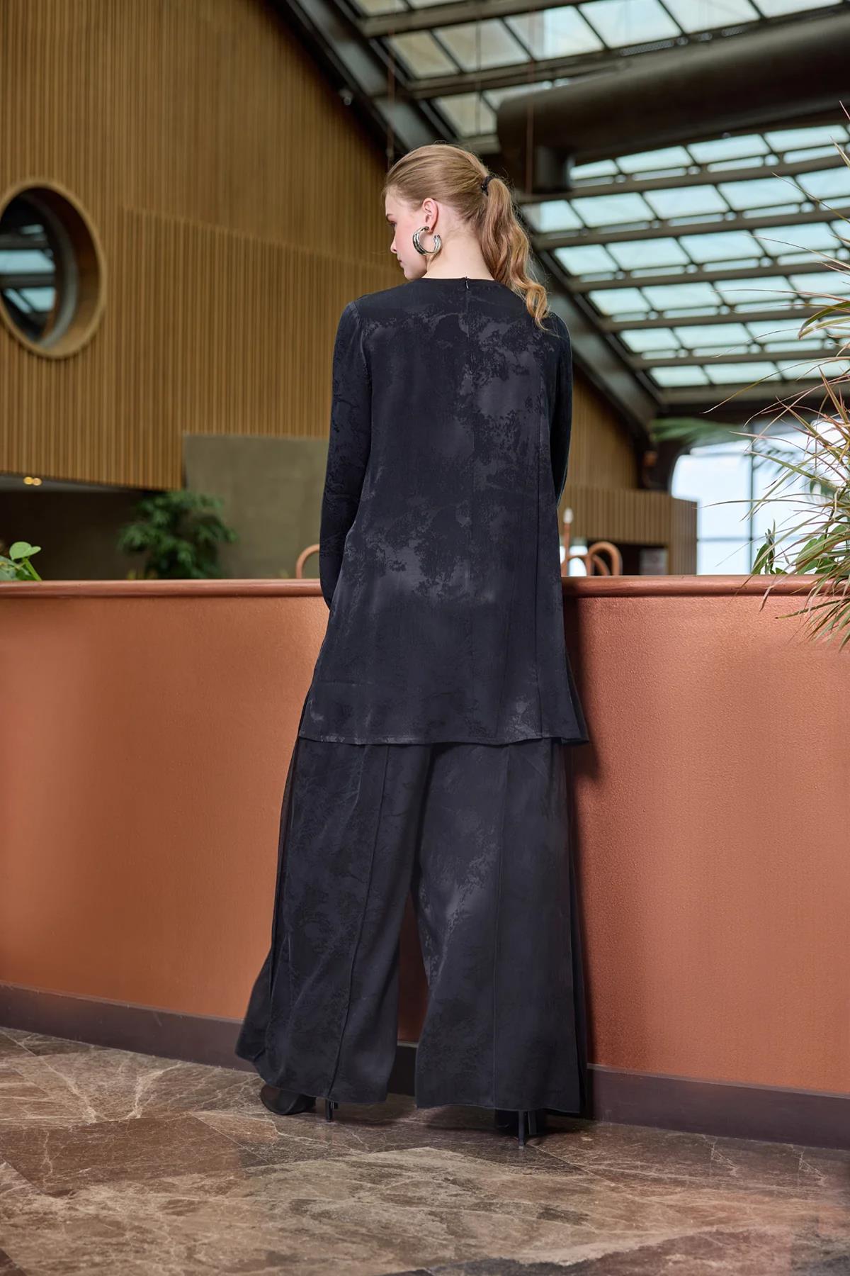 Kendinden Desenli Cupro Tunik Pantolon Takım