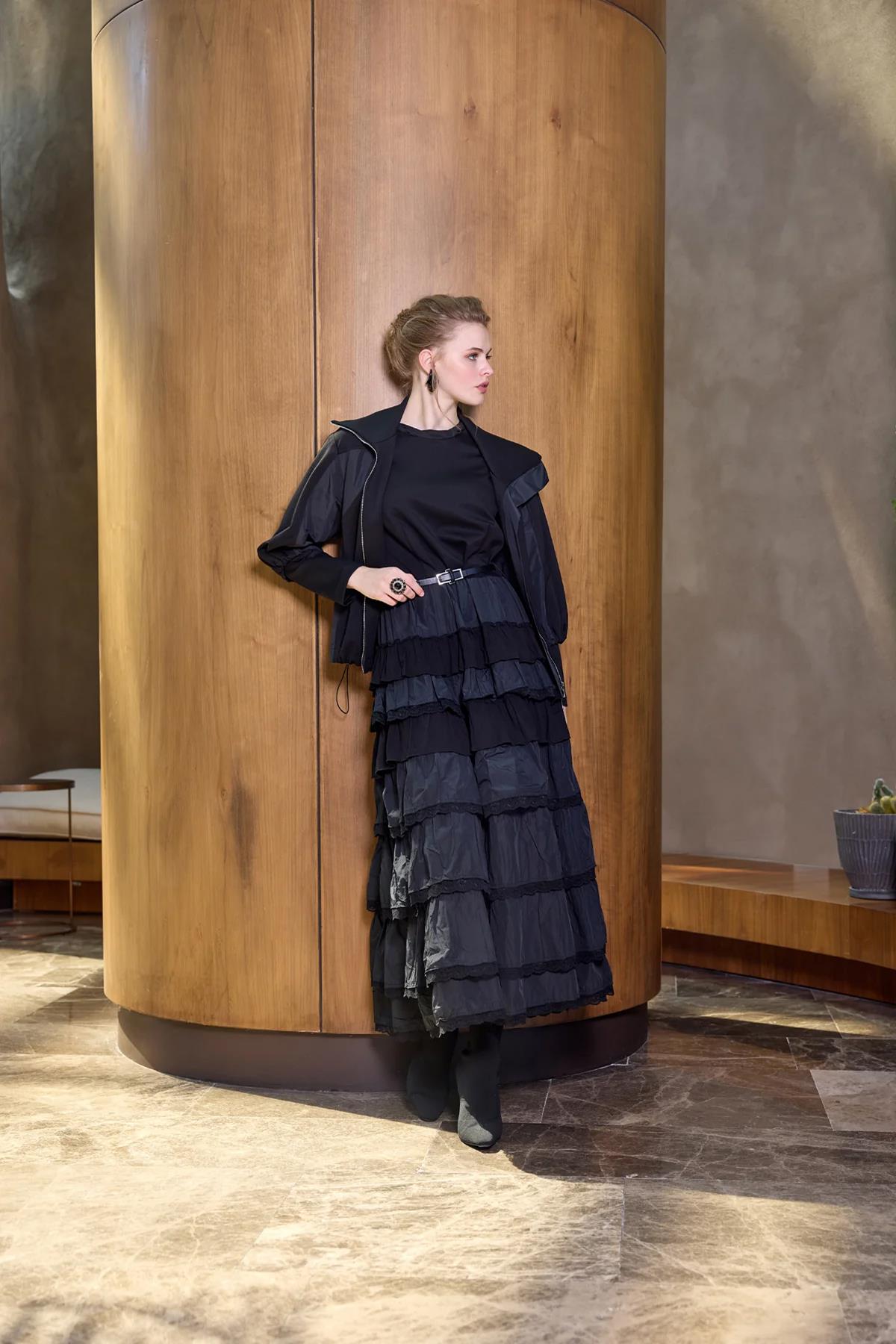 Zippered Jacket Belted Dress Two Piece Suit