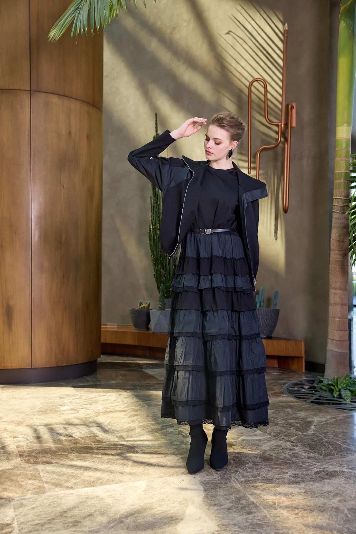 Zippered Jacket Belted Dress Two Piece Suit